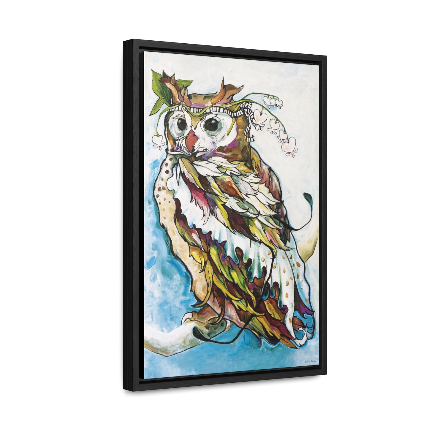 "Bleeding Hearts Owl" Framed Canvas Fine Art Reproduction by Zabrina Fine Art