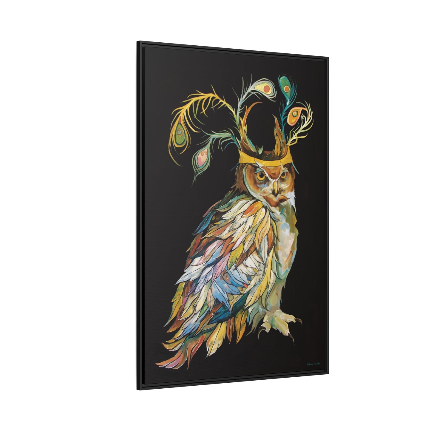 "Owl In A Peacock Crown" Framed Canvas Fine Art Reproduction by Zabrina Fine Art