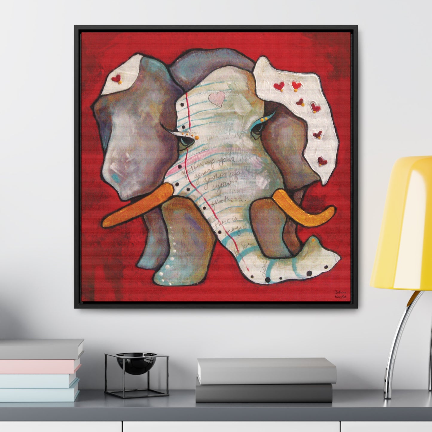 "Red Heart Elephant" Framed Canvas Fine Art Reproduction by Zabrina Fine Art