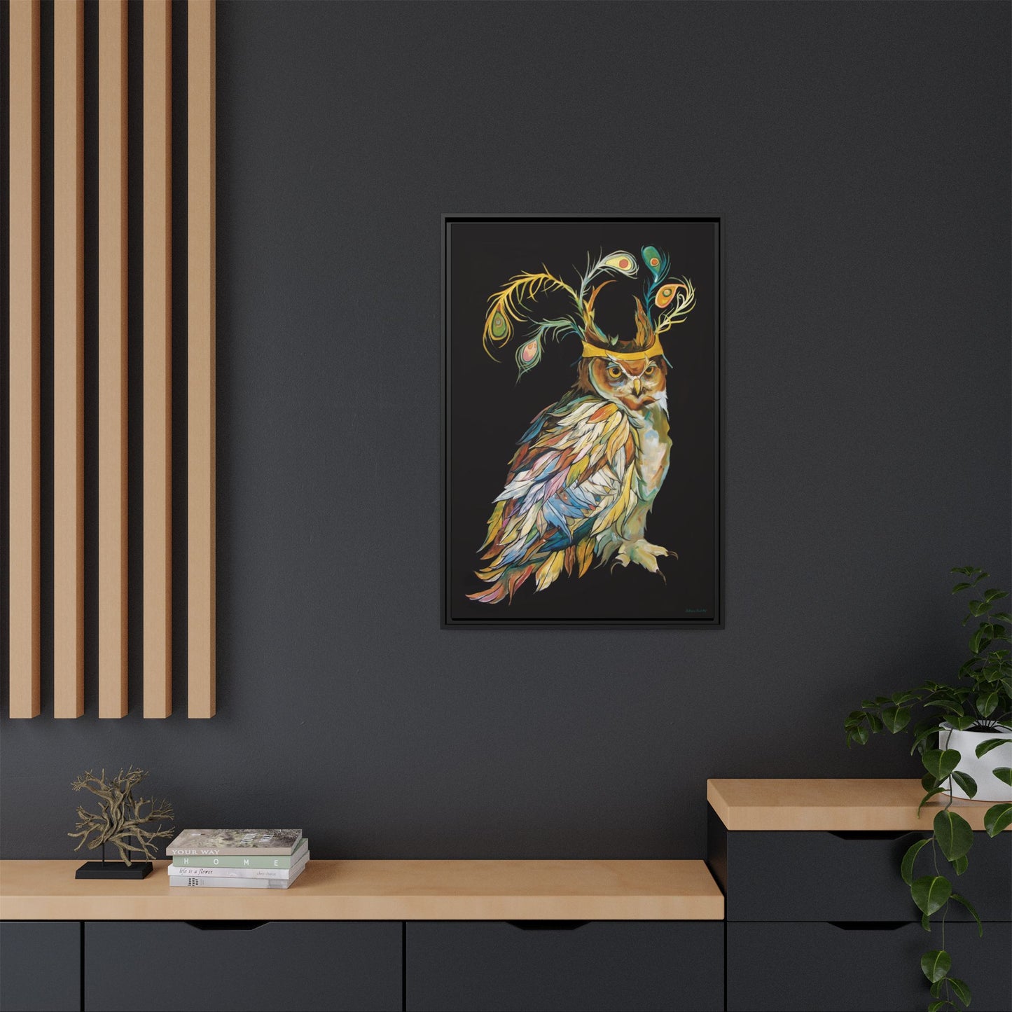 "Owl In A Peacock Crown" Framed Canvas Fine Art Reproduction by Zabrina Fine Art
