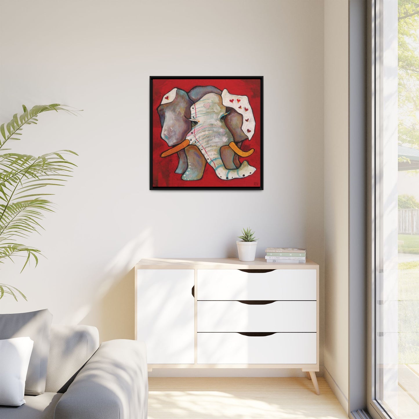 "Red Heart Elephant" Framed Canvas Fine Art Reproduction by Zabrina Fine Art