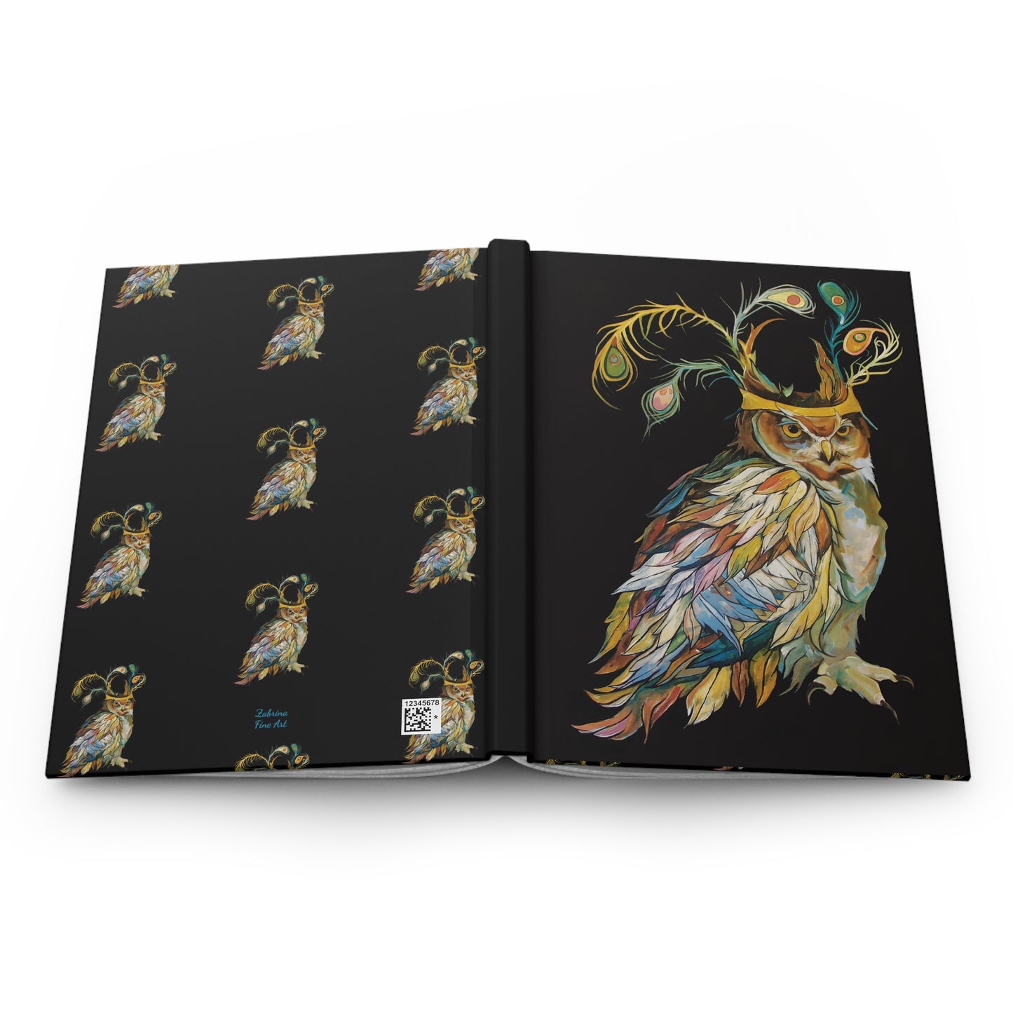 "Peacock Crown Owl" Hardcover Journal by Zabrina Fine Art