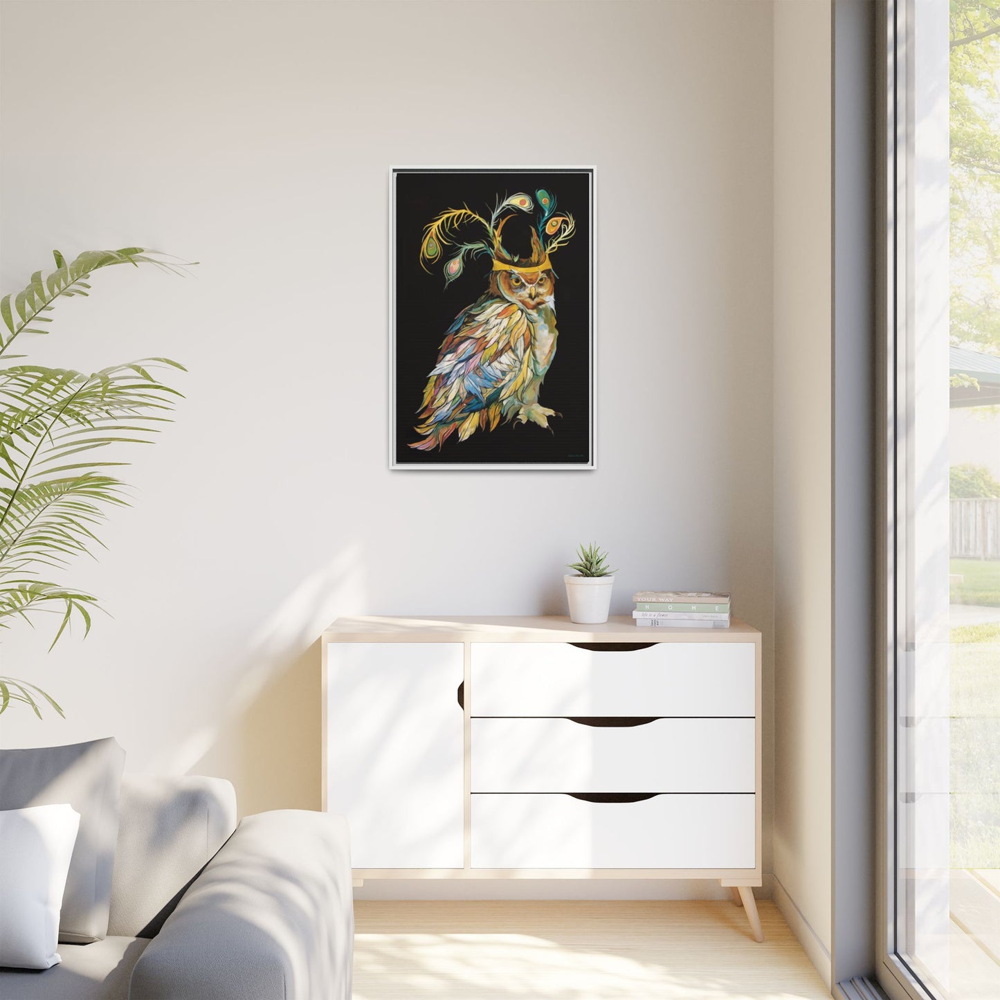 "Owl In A Peacock Crown" Framed Canvas Fine Art Reproduction by Zabrina Fine Art