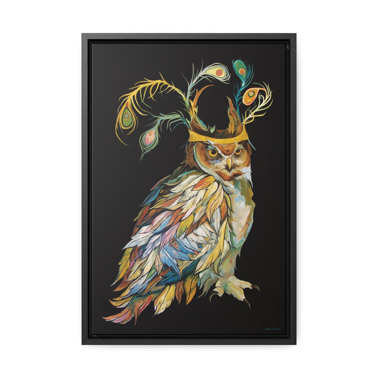 "Owl In A Peacock Crown" Framed Canvas Fine Art Reproduction by Zabrina Fine Art