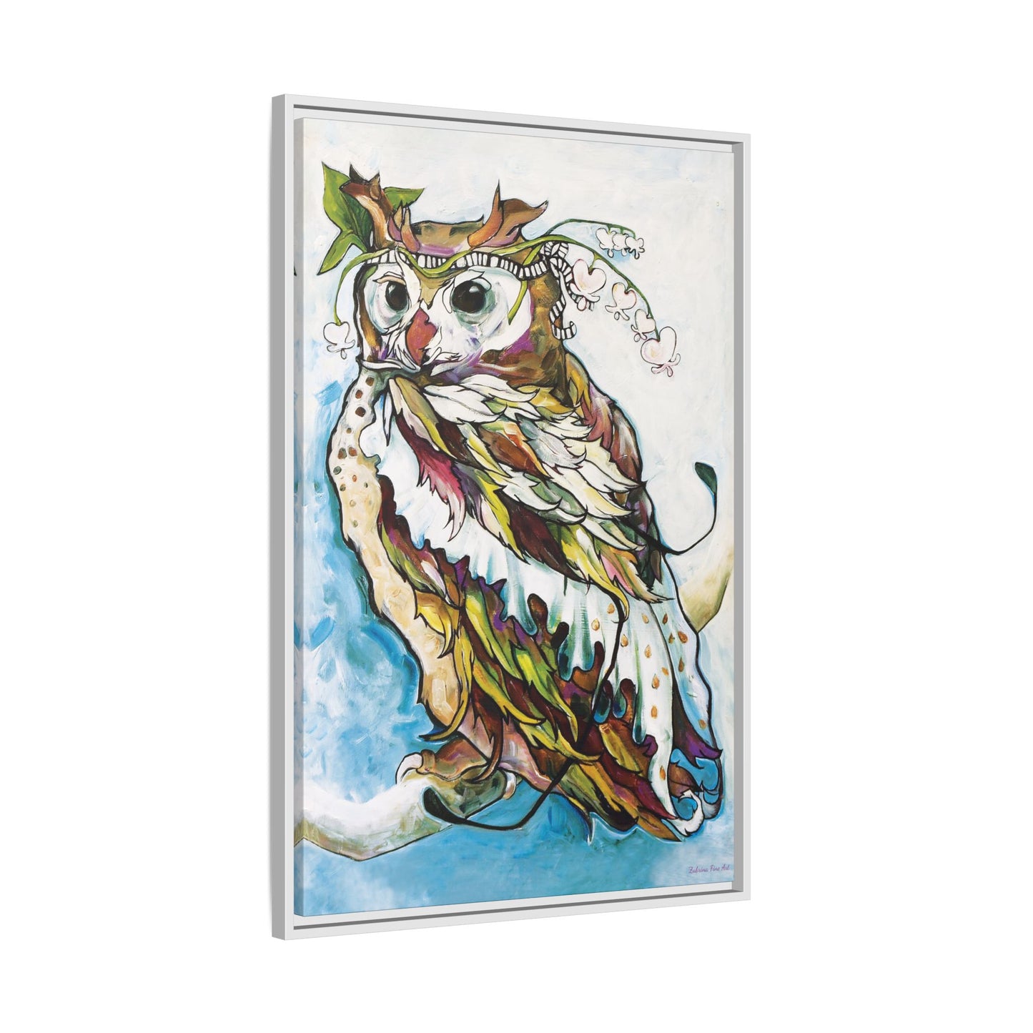 "Owl In Bleeding Hearts Crown" Framed Canvas Fine Art Reproduction by Zabrina Fine Art