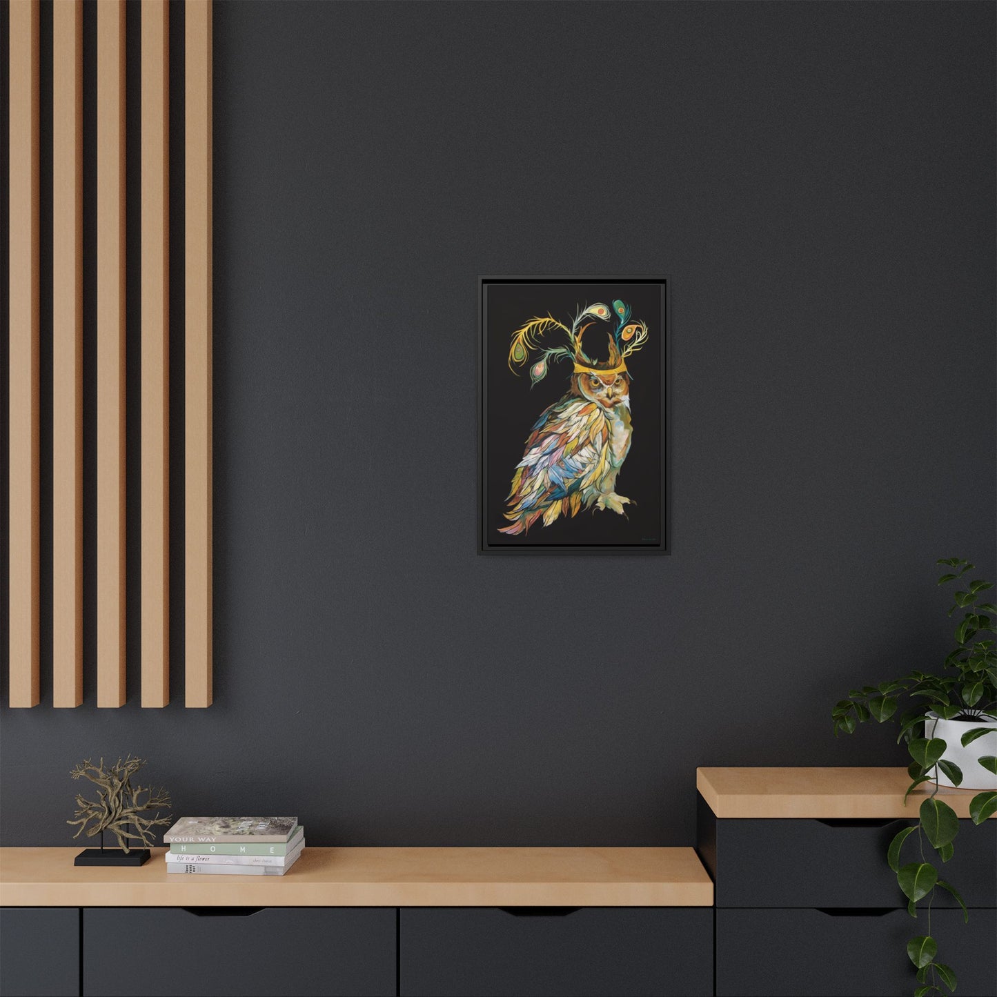 "Owl In A Peacock Crown" Framed Canvas Fine Art Reproduction by Zabrina Fine Art