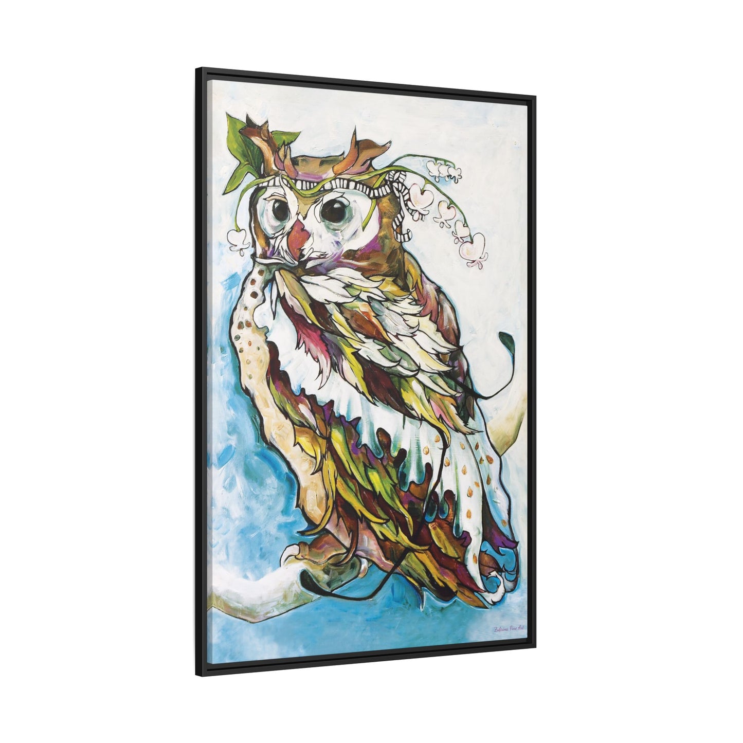 "Owl In Bleeding Hearts Crown" Framed Canvas Fine Art Reproduction by Zabrina Fine Art