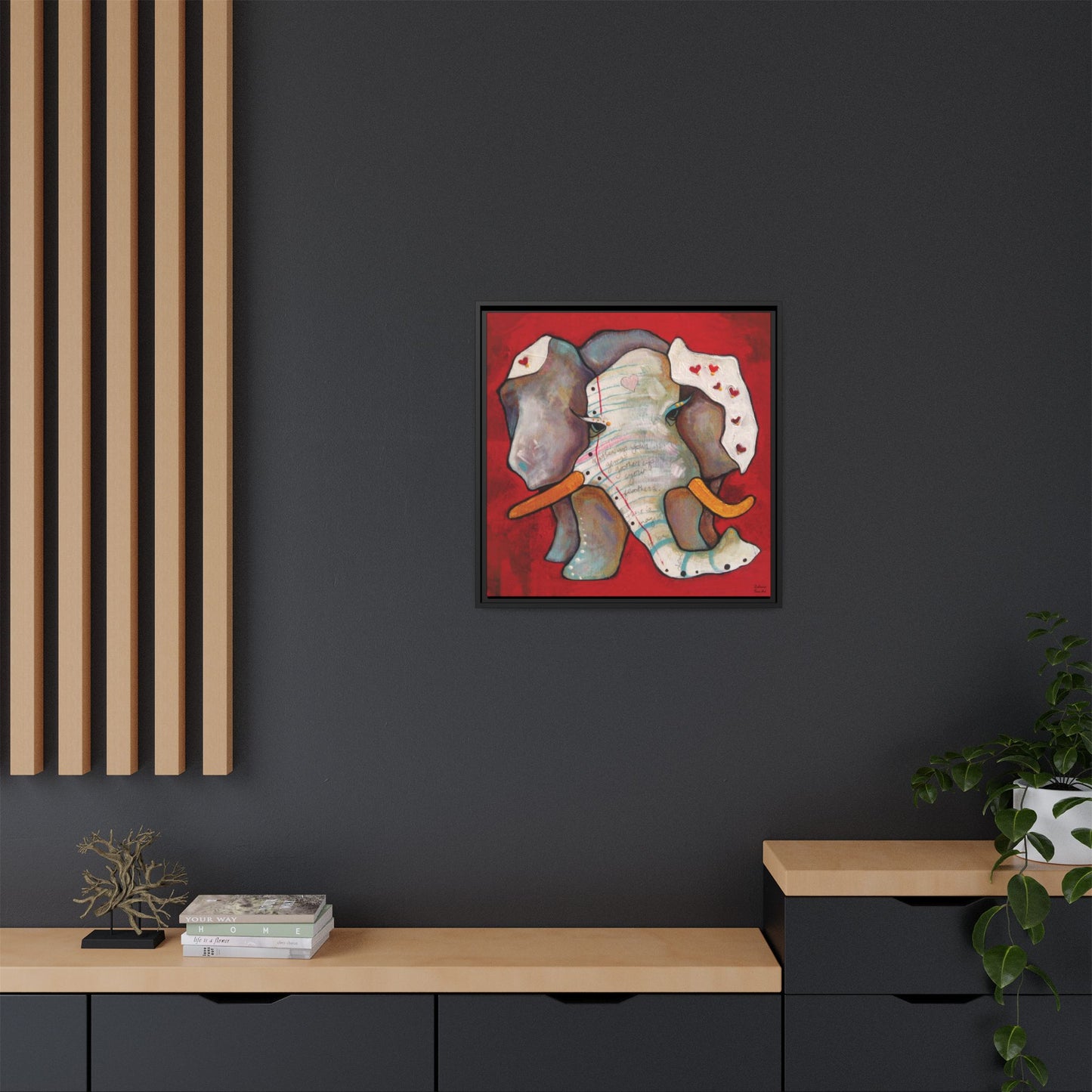 "Red Heart Elephant" Framed Canvas Fine Art Reproduction by Zabrina Fine Art