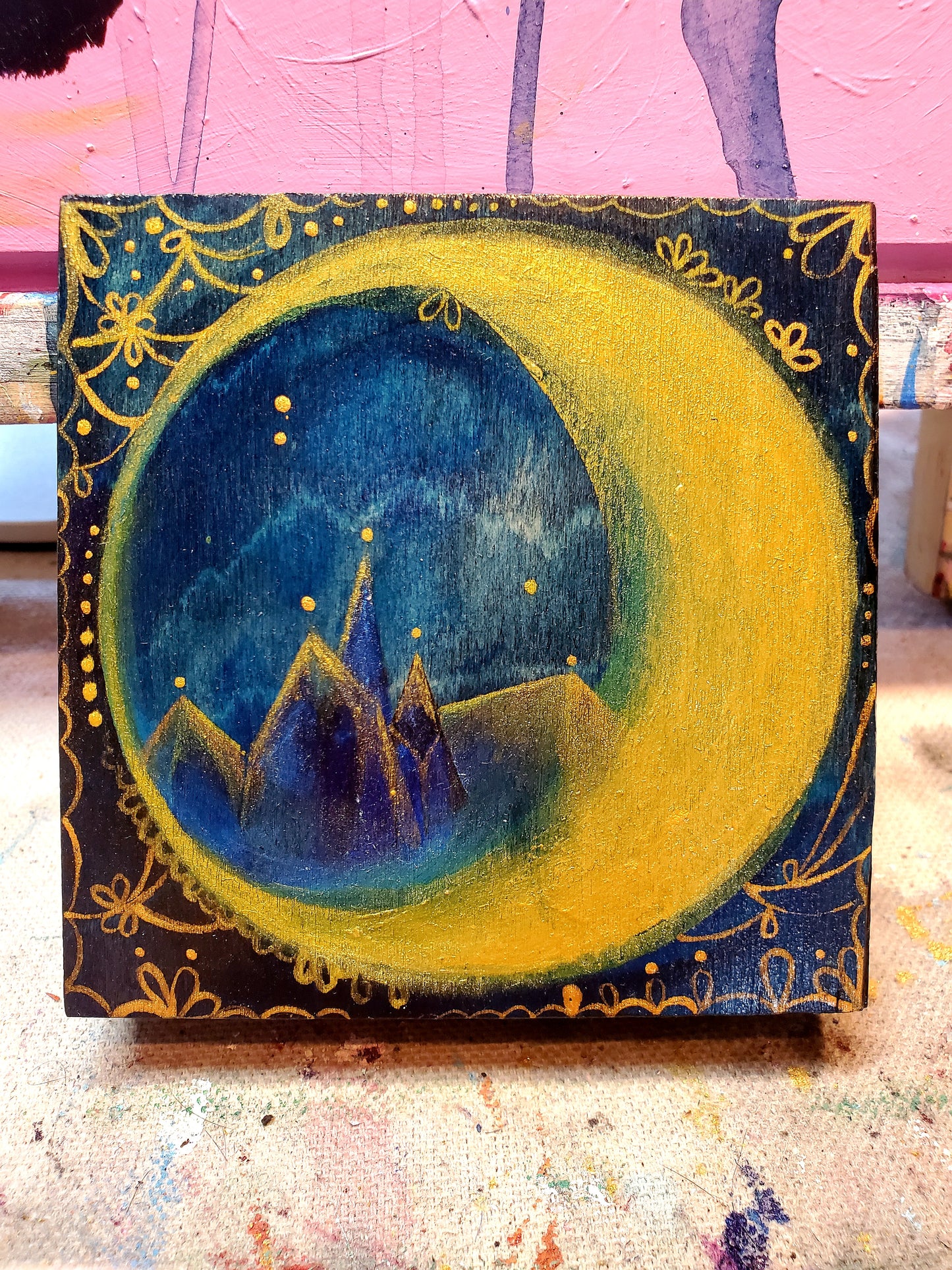 "Blue Mountain Gold Moon" Original Painting by Zabrina Fine Art