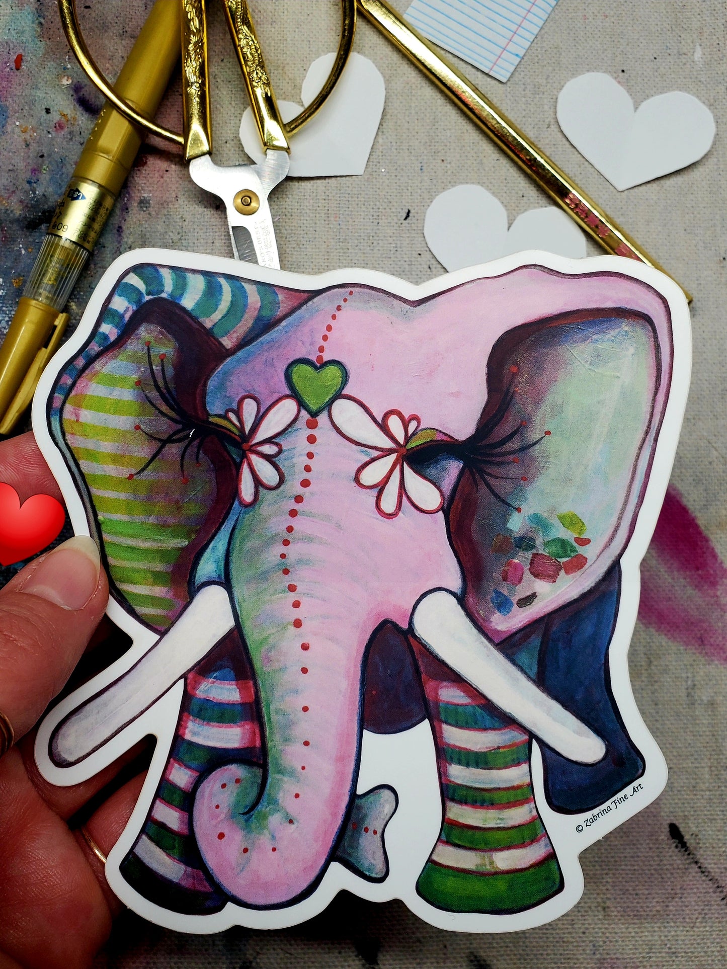 "Green Heart Elephant ZSticker" Die-Cut Sticker