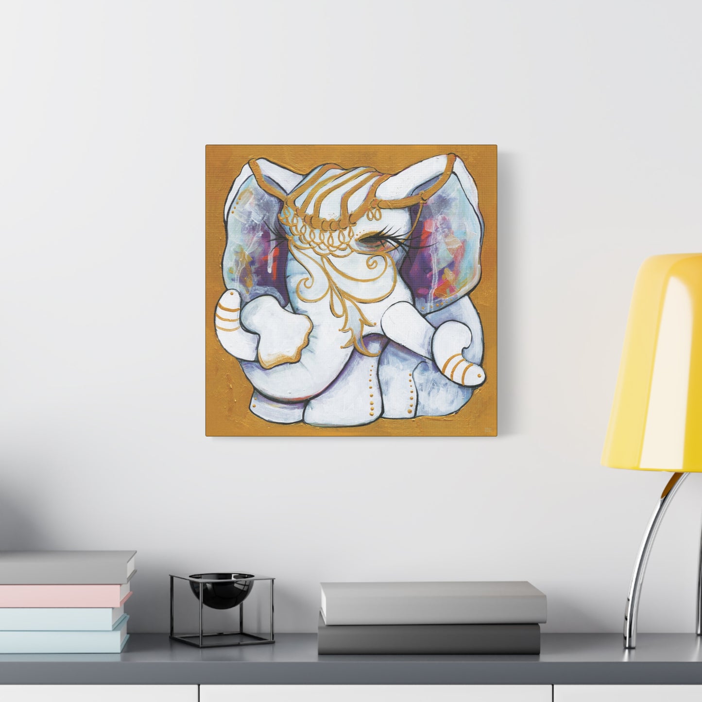 "Gold and White Elephant" Unframed Canvas Black Edge Reproduction by Zabrina Fine Art