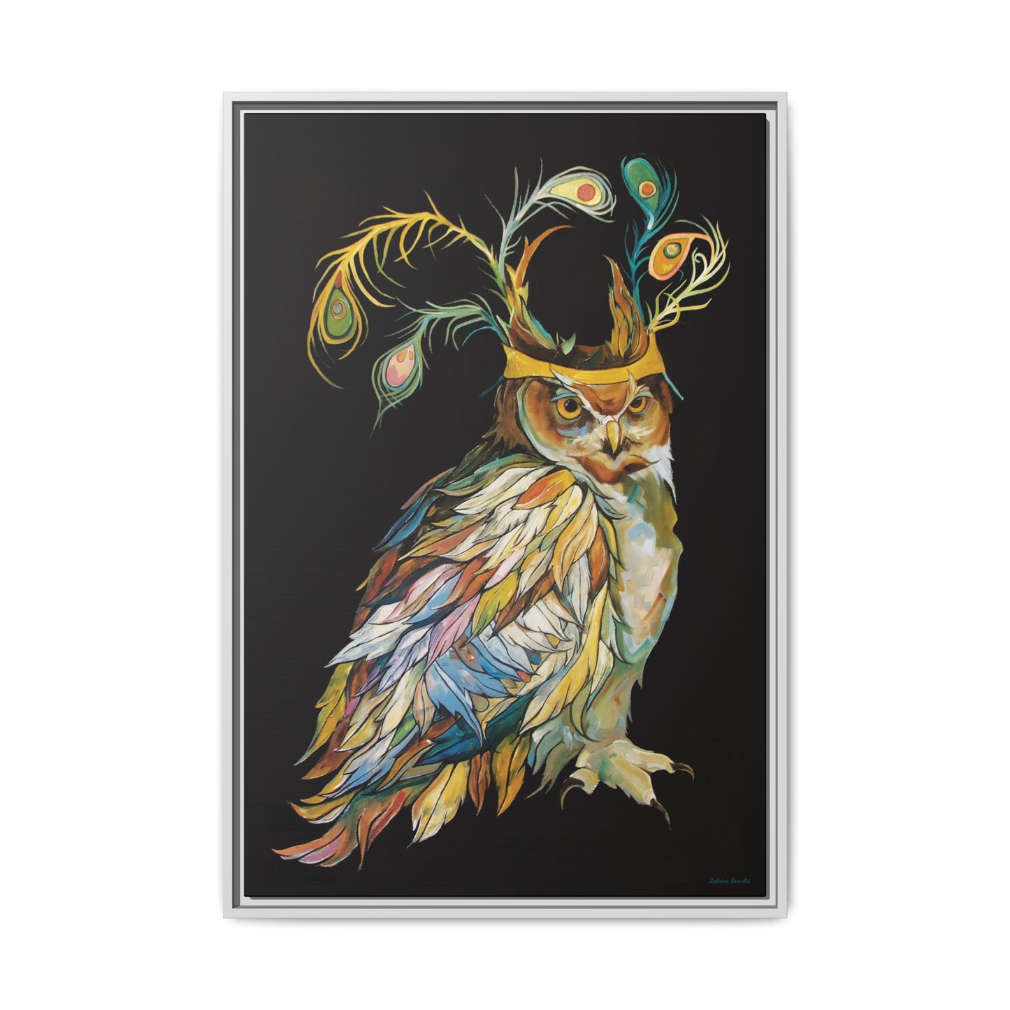 "Owl In A Peacock Crown" Framed Canvas Fine Art Reproduction by Zabrina Fine Art
