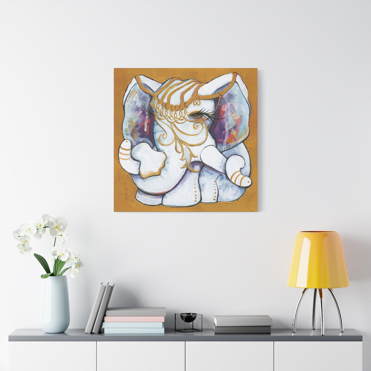 "Gold and White Elephant" Unframed Canvas Black Edge Reproduction by Zabrina Fine Art