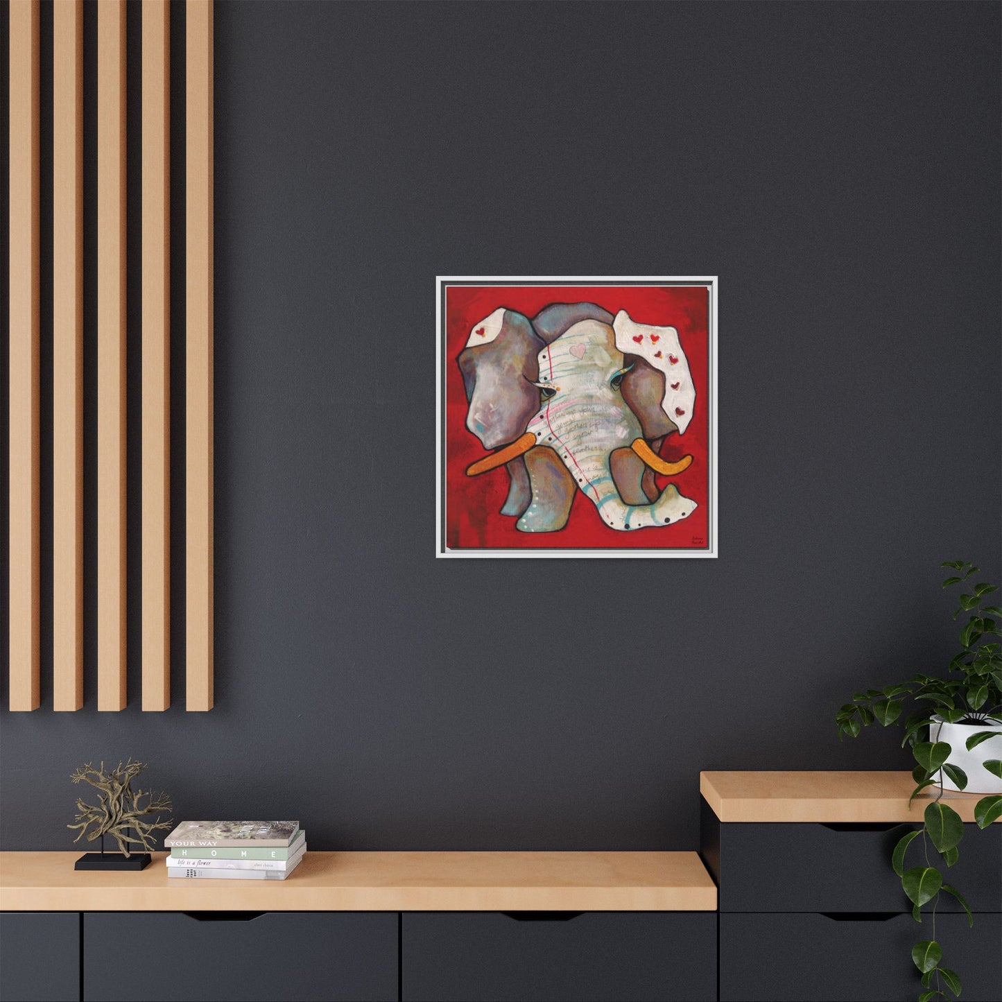 "Red Heart Elephant" Framed Canvas Fine Art Reproduction by Zabrina Fine Art