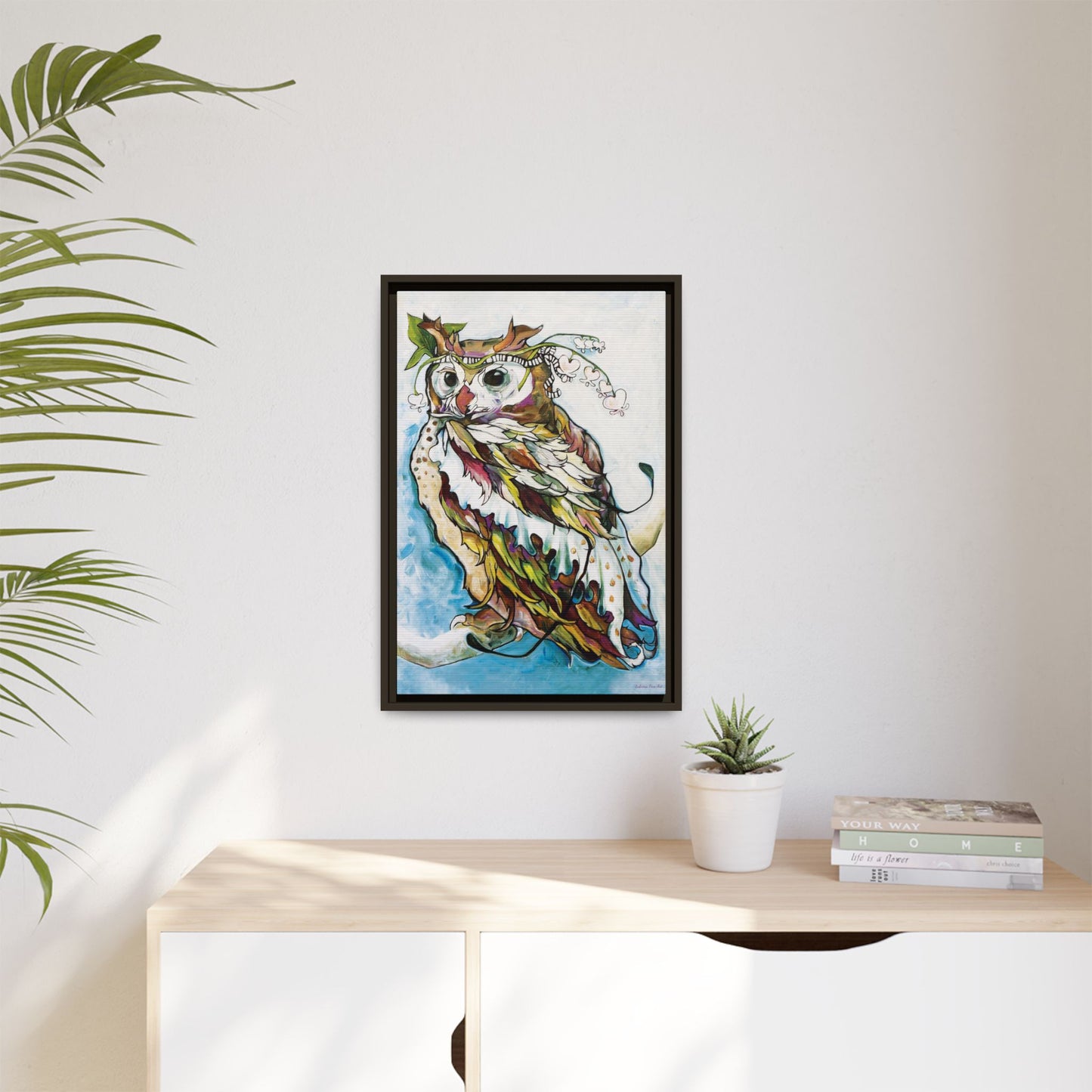 "Owl In Bleeding Hearts Crown" Framed Canvas Fine Art Reproduction by Zabrina Fine Art