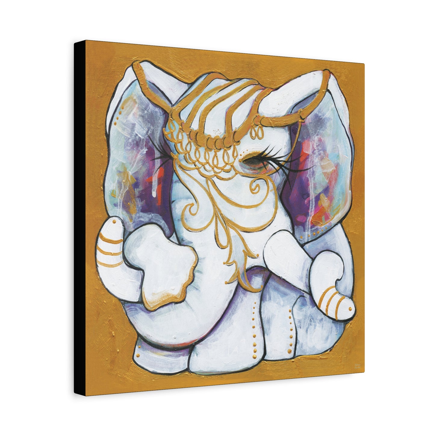 "Gold and White Elephant" Unframed Canvas Black Edge Reproduction by Zabrina Fine Art