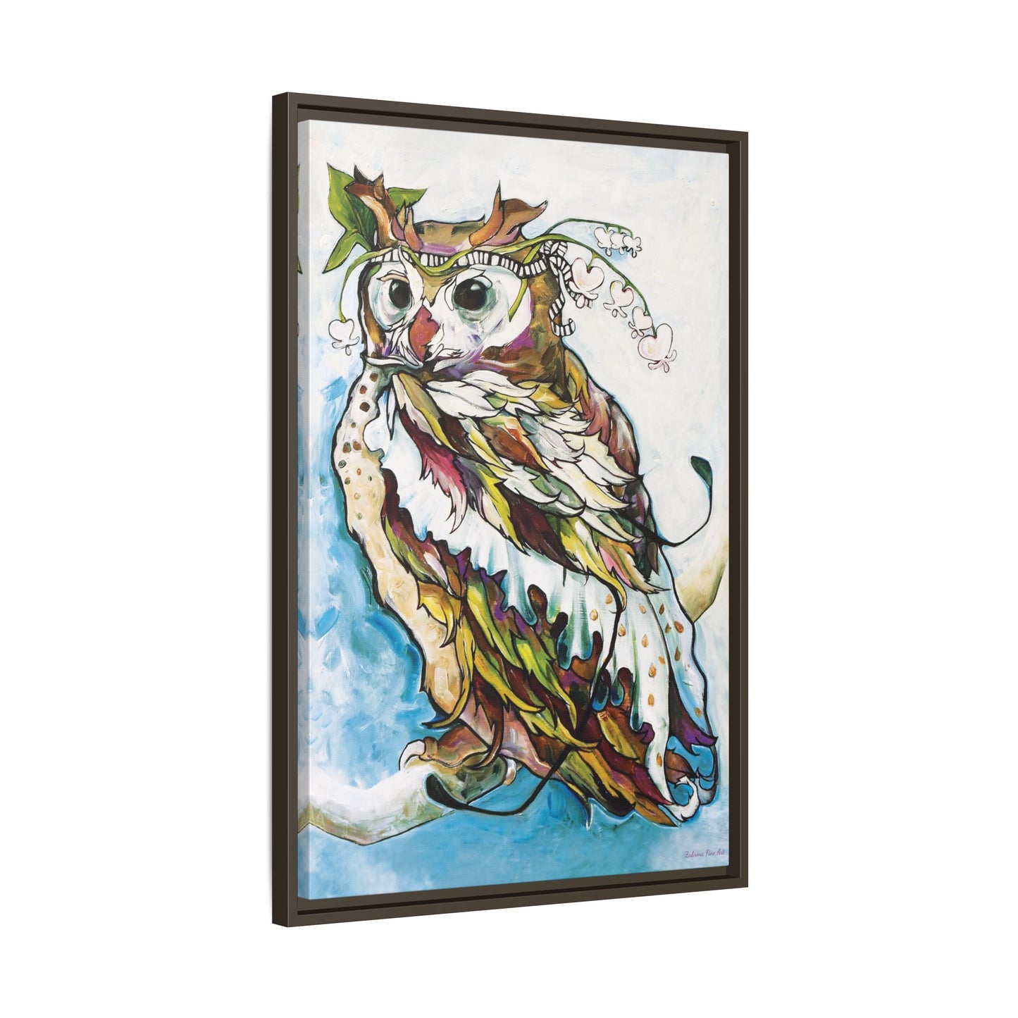 "Owl In Bleeding Hearts Crown" Framed Canvas Fine Art Reproduction by Zabrina Fine Art