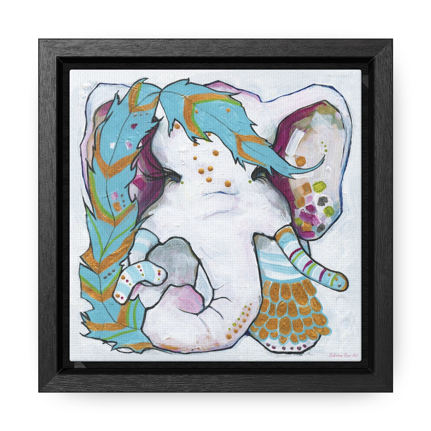 "Blue Feather Elephant" Framed Canvas Fine Art Reproduction by Zabrina Fine Art