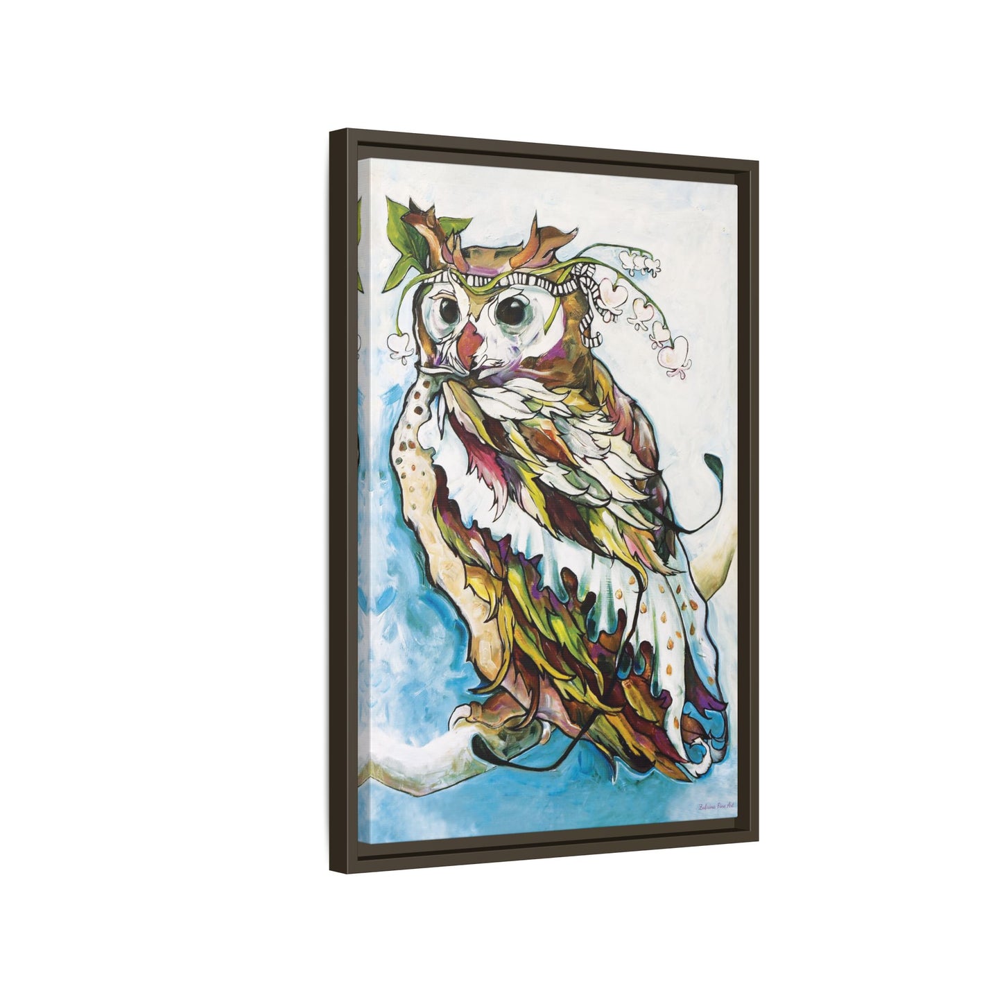 "Owl In Bleeding Hearts Crown" Framed Canvas Fine Art Reproduction by Zabrina Fine Art