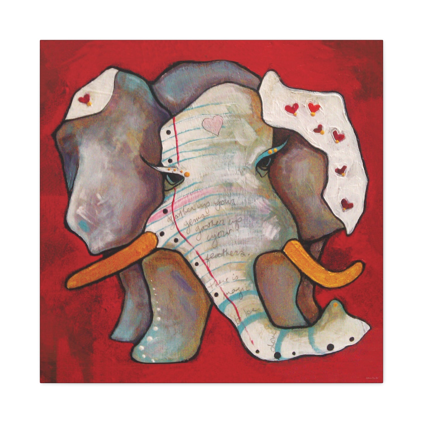 "Red Heart Elephant" Unframed Canvas Black Edge Reproduction by Zabrina Fine Art