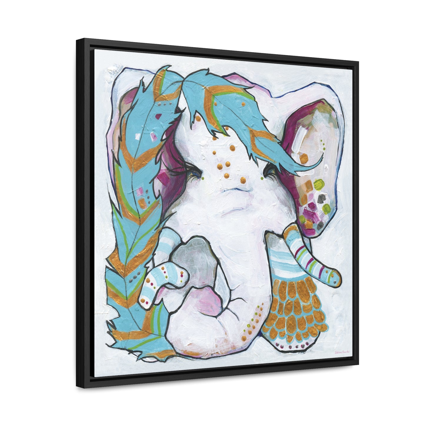 "Blue Feather Elephant" Framed Canvas Fine Art Reproduction by Zabrina Fine Art