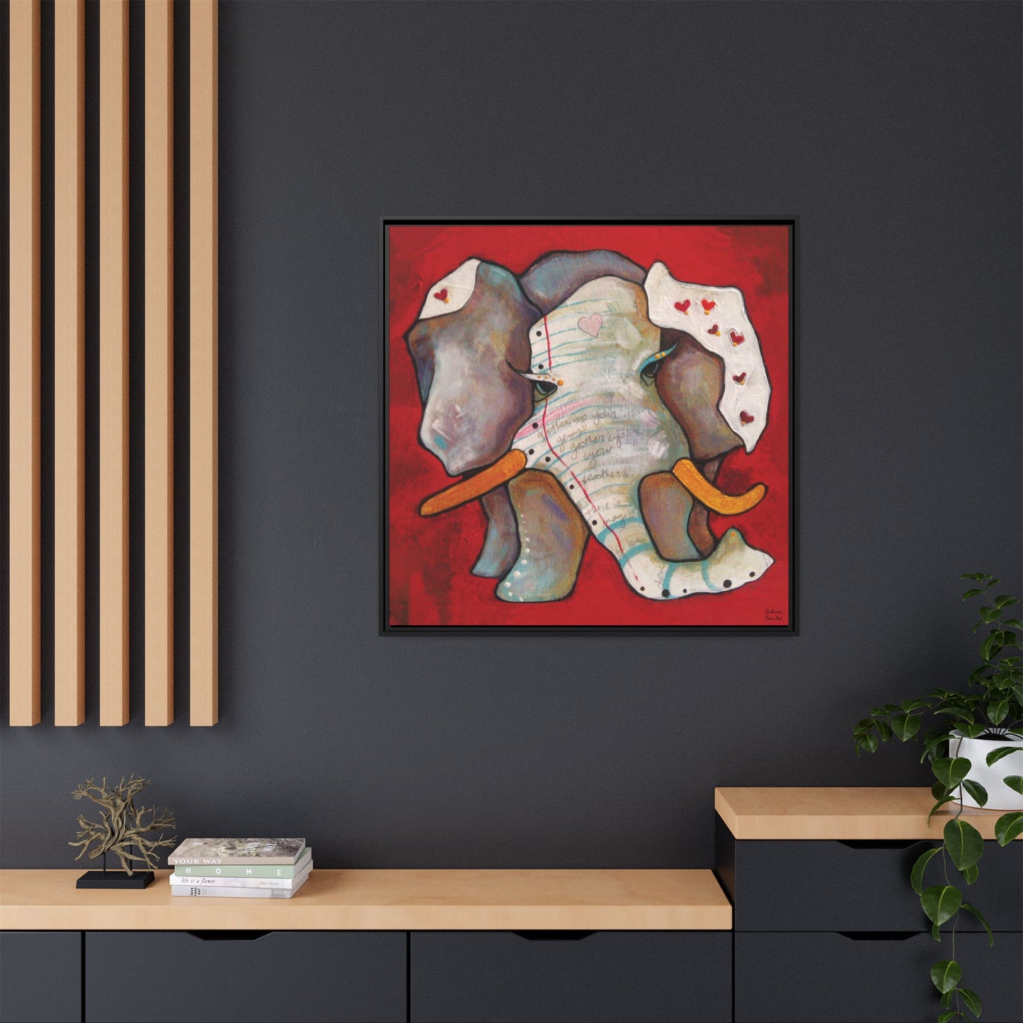 "Red Heart Elephant" Framed Canvas Fine Art Reproduction by Zabrina Fine Art