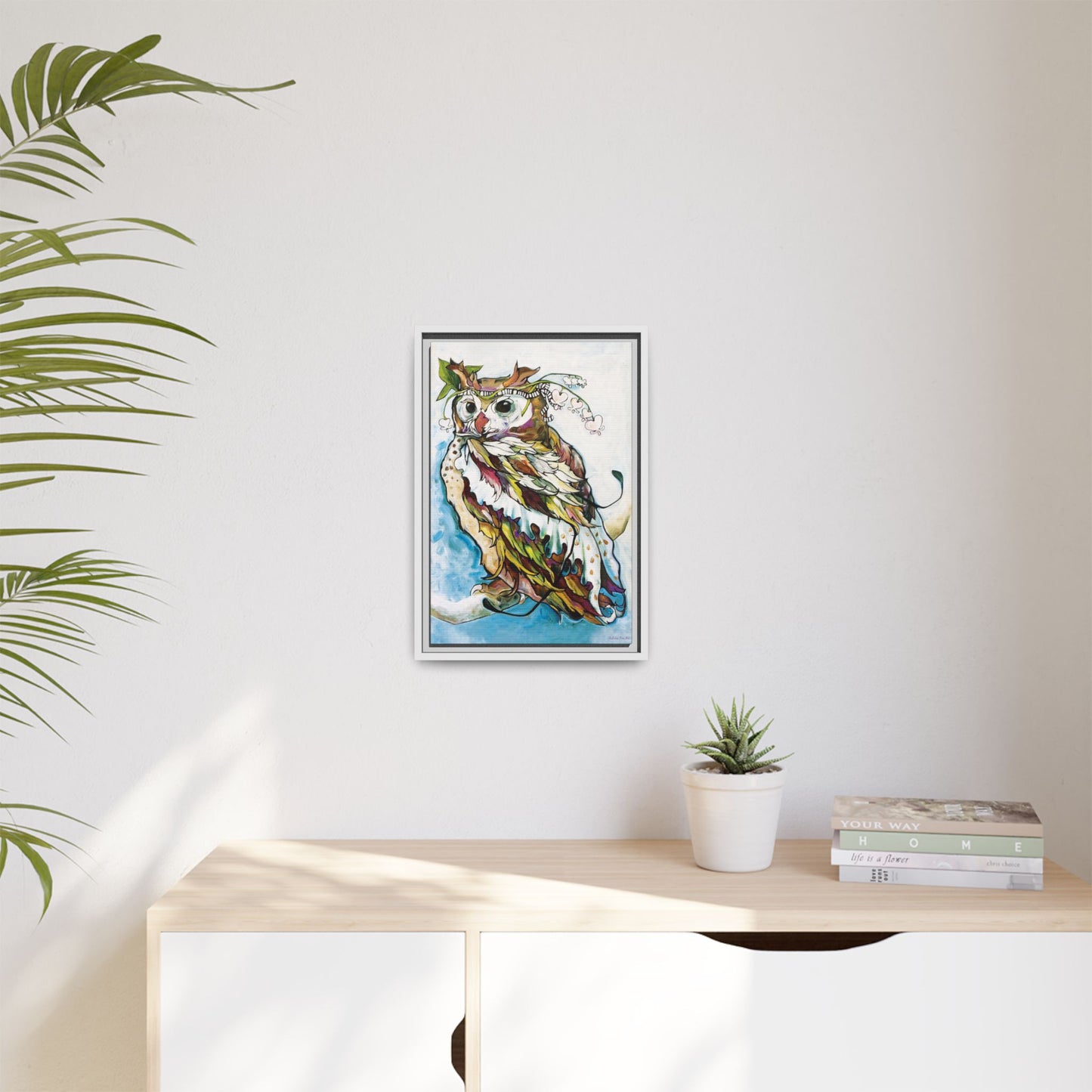 "Owl In Bleeding Hearts Crown" Framed Canvas Fine Art Reproduction by Zabrina Fine Art