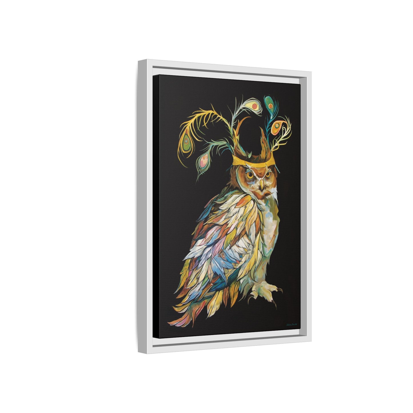 "Owl In A Peacock Crown" Framed Canvas Fine Art Reproduction by Zabrina Fine Art