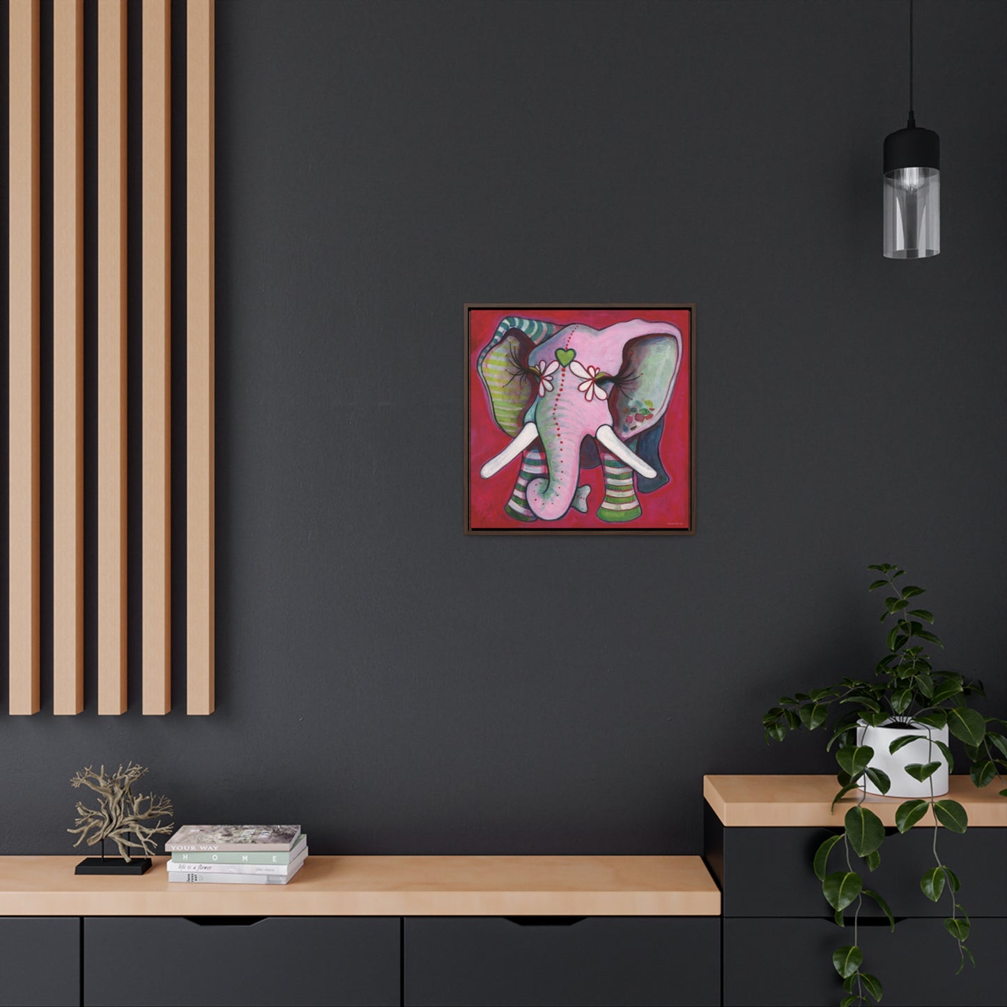 "Green Heart Elephant With Red" Framed Canvas Fine Art Reproduction by Zabrina Fine Art