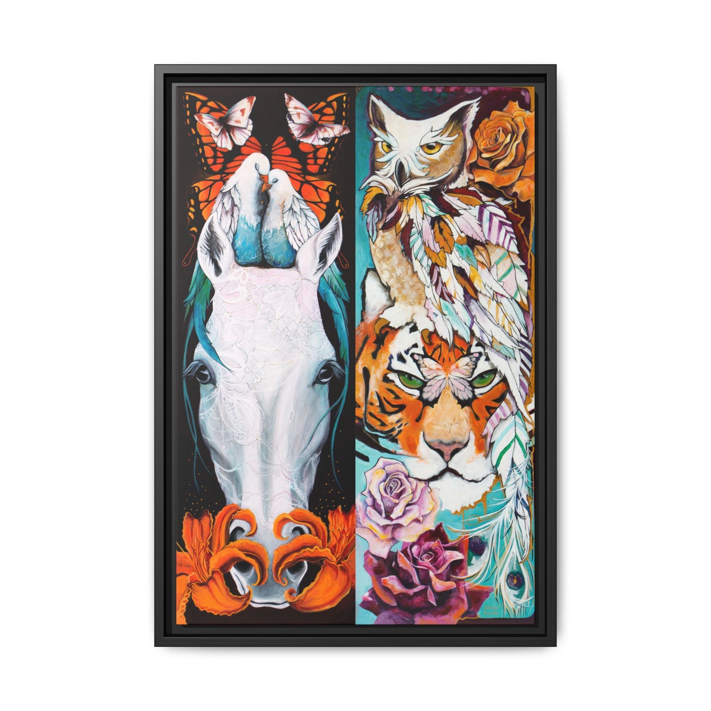 "The Tiger and The Mare" Framed Canvas Fine Art Reproduction by Zabrina Fine Art