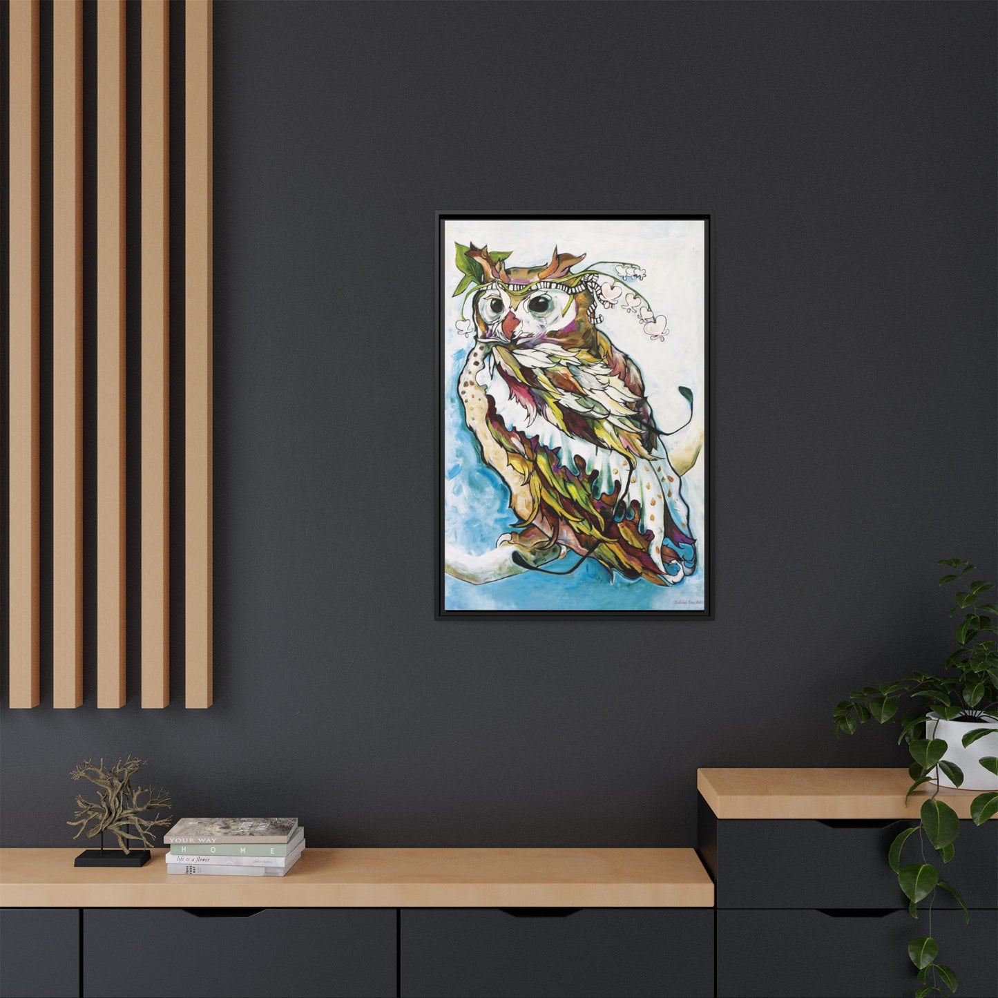 "Owl In Bleeding Hearts Crown" Framed Canvas Fine Art Reproduction by Zabrina Fine Art