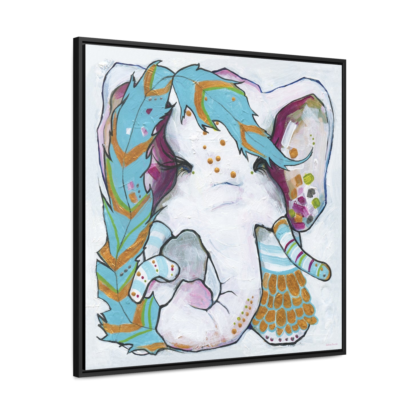 "Blue Feather Elephant" Framed Canvas Fine Art Reproduction by Zabrina Fine Art