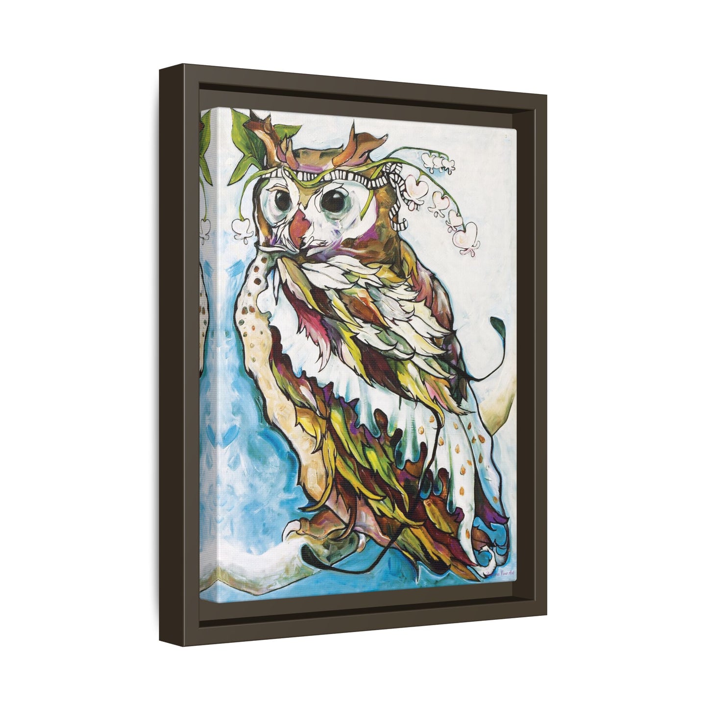 "Owl In Bleeding Hearts Crown" Framed Canvas Fine Art Reproduction by Zabrina Fine Art
