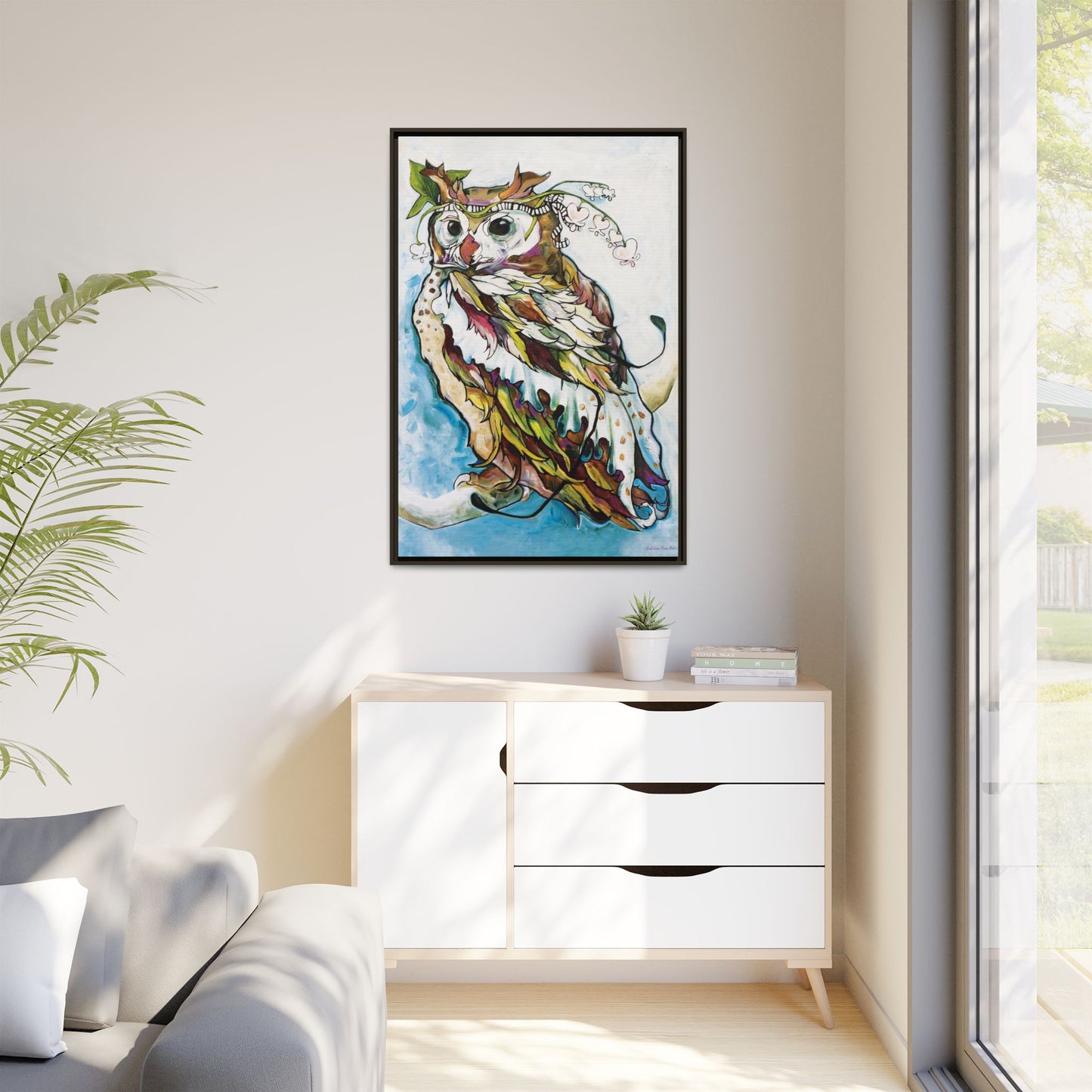 "Owl In Bleeding Hearts Crown" Framed Canvas Fine Art Reproduction by Zabrina Fine Art