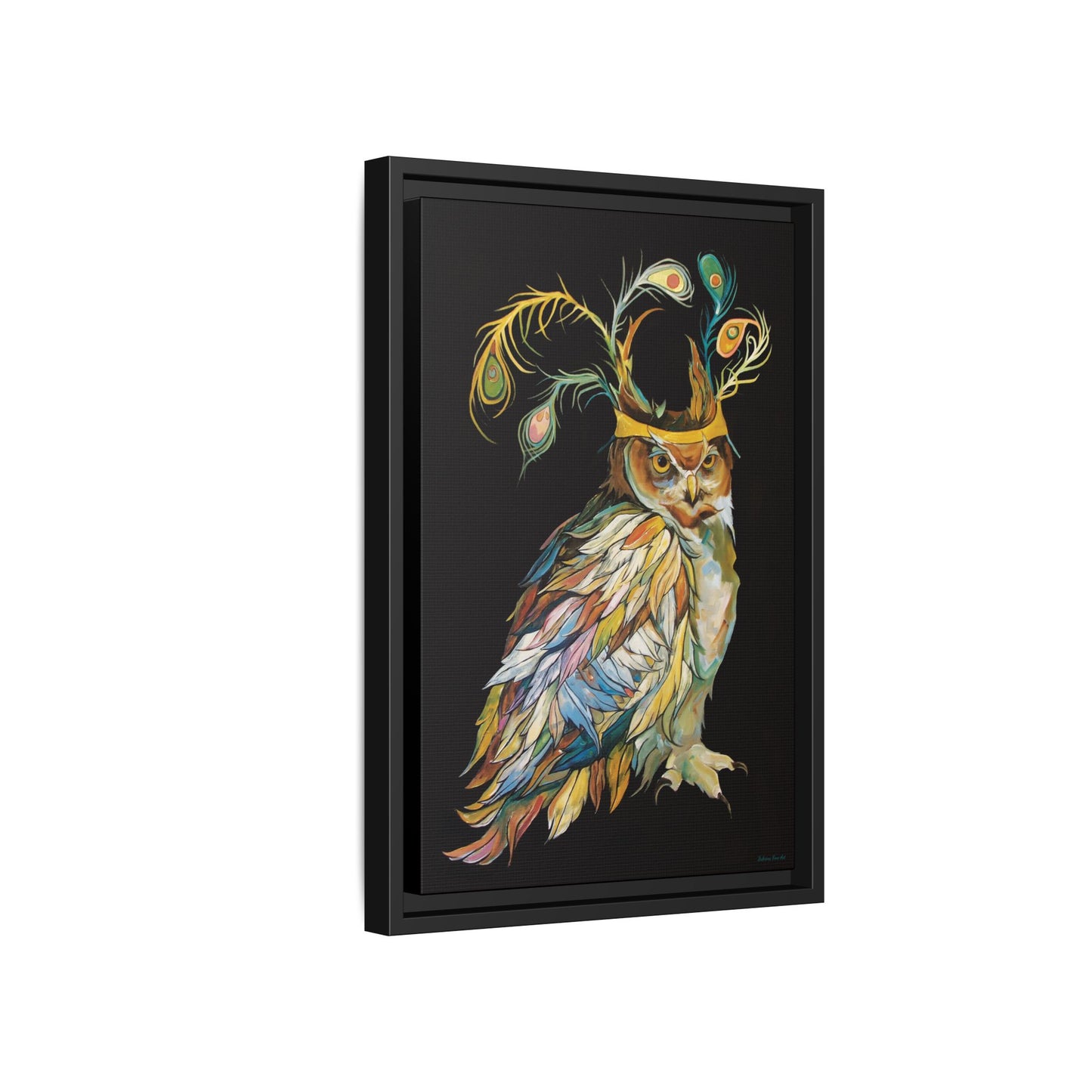 "Owl In A Peacock Crown" Framed Canvas Fine Art Reproduction by Zabrina Fine Art