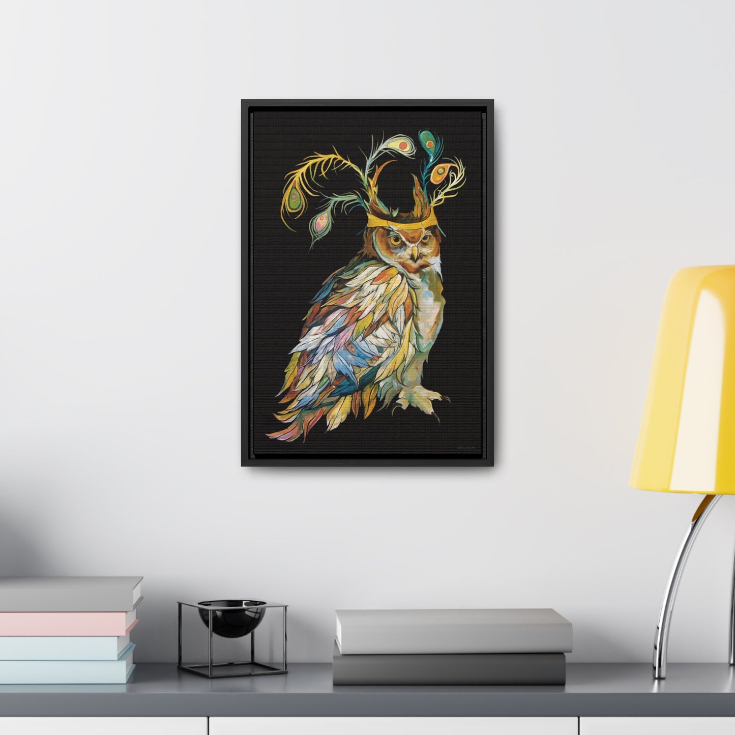 "Owl In A Peacock Crown" Framed Canvas Fine Art Reproduction by Zabrina Fine Art