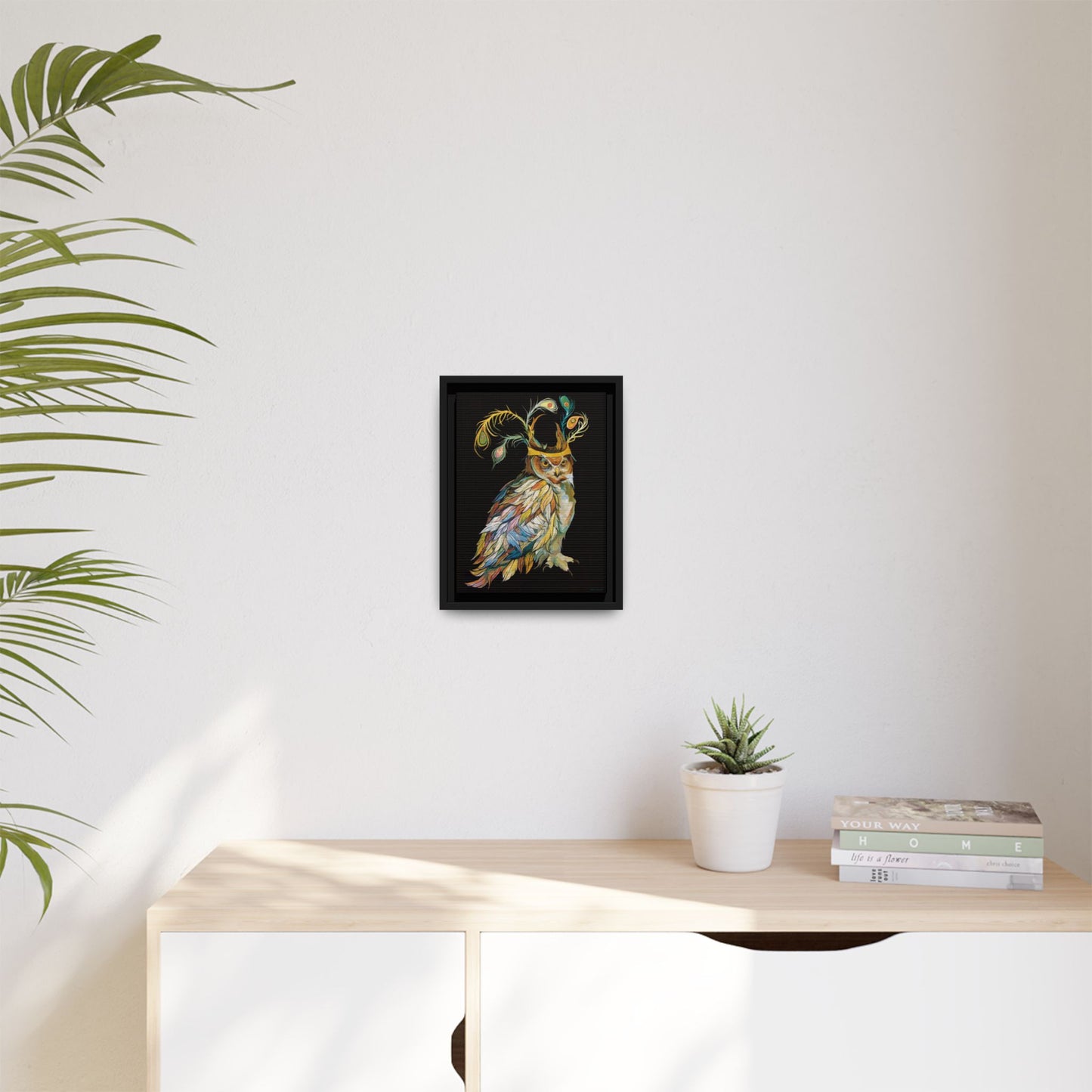 "Owl In A Peacock Crown" Framed Canvas Fine Art Reproduction by Zabrina Fine Art