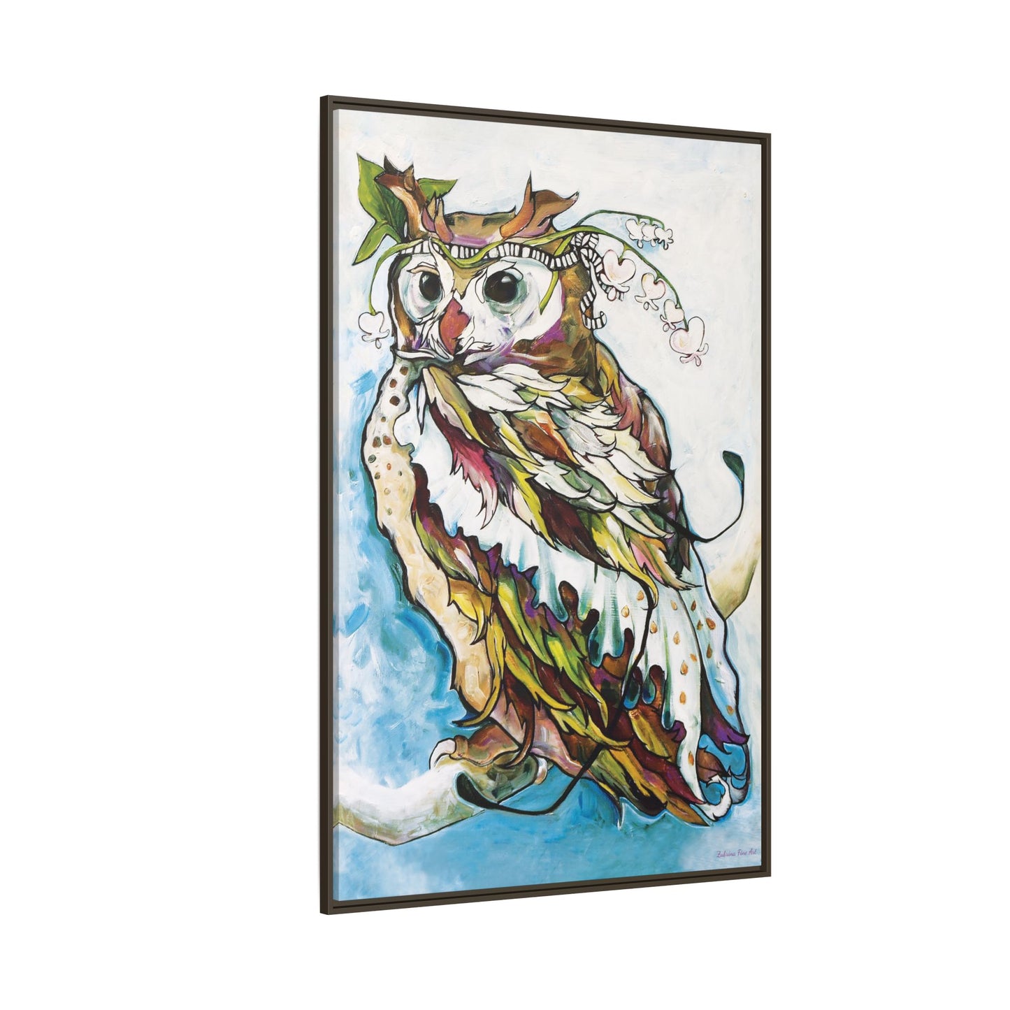 "Owl In Bleeding Hearts Crown" Framed Canvas Fine Art Reproduction by Zabrina Fine Art