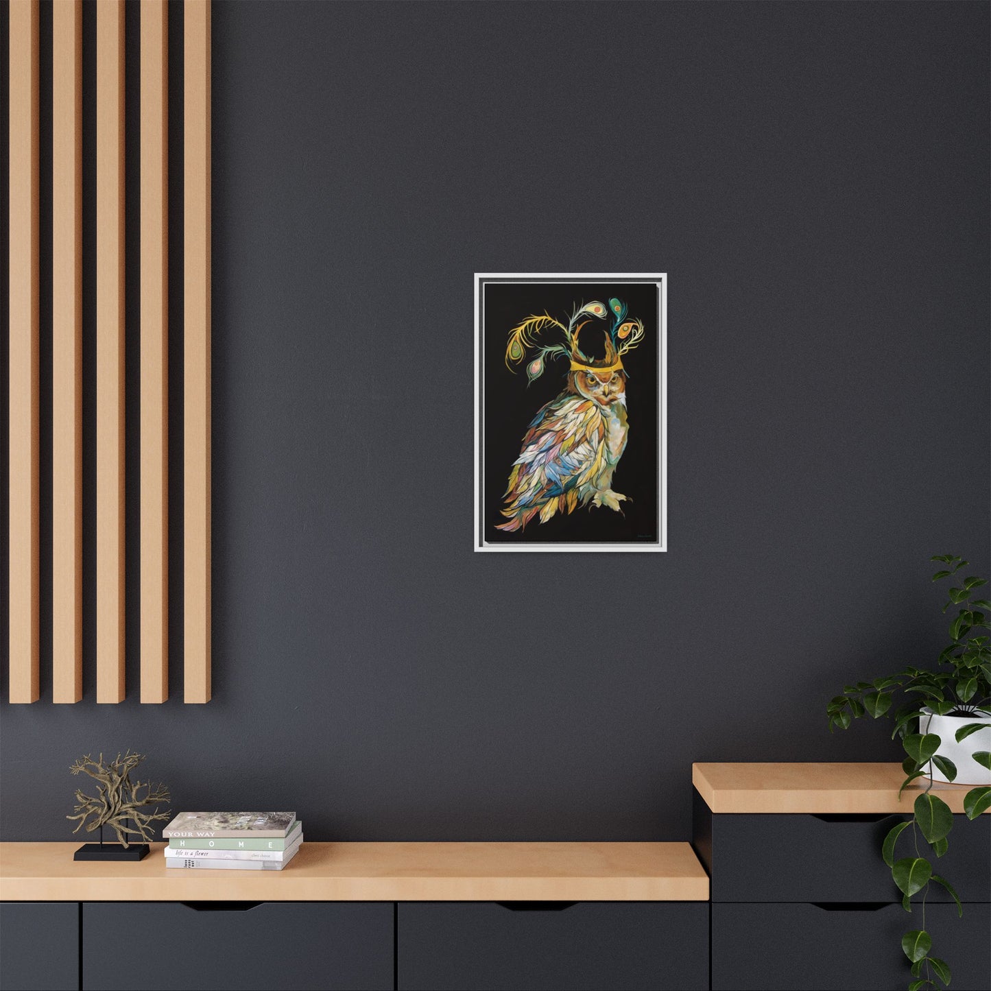 "Owl In A Peacock Crown" Framed Canvas Fine Art Reproduction by Zabrina Fine Art