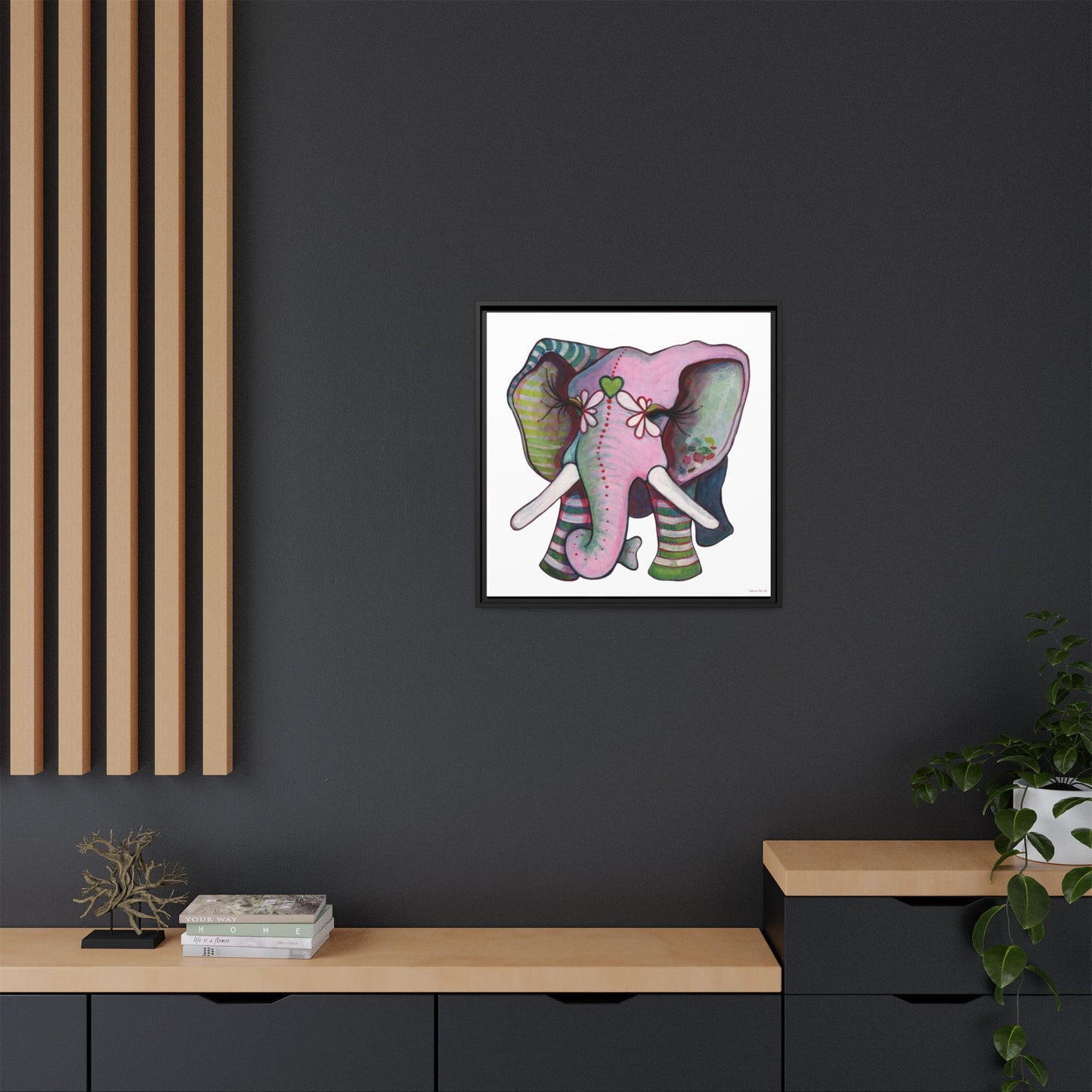 "Green Heart Elephant" Framed Canvas Fine Art Reproduction by Zabrina Fine Art