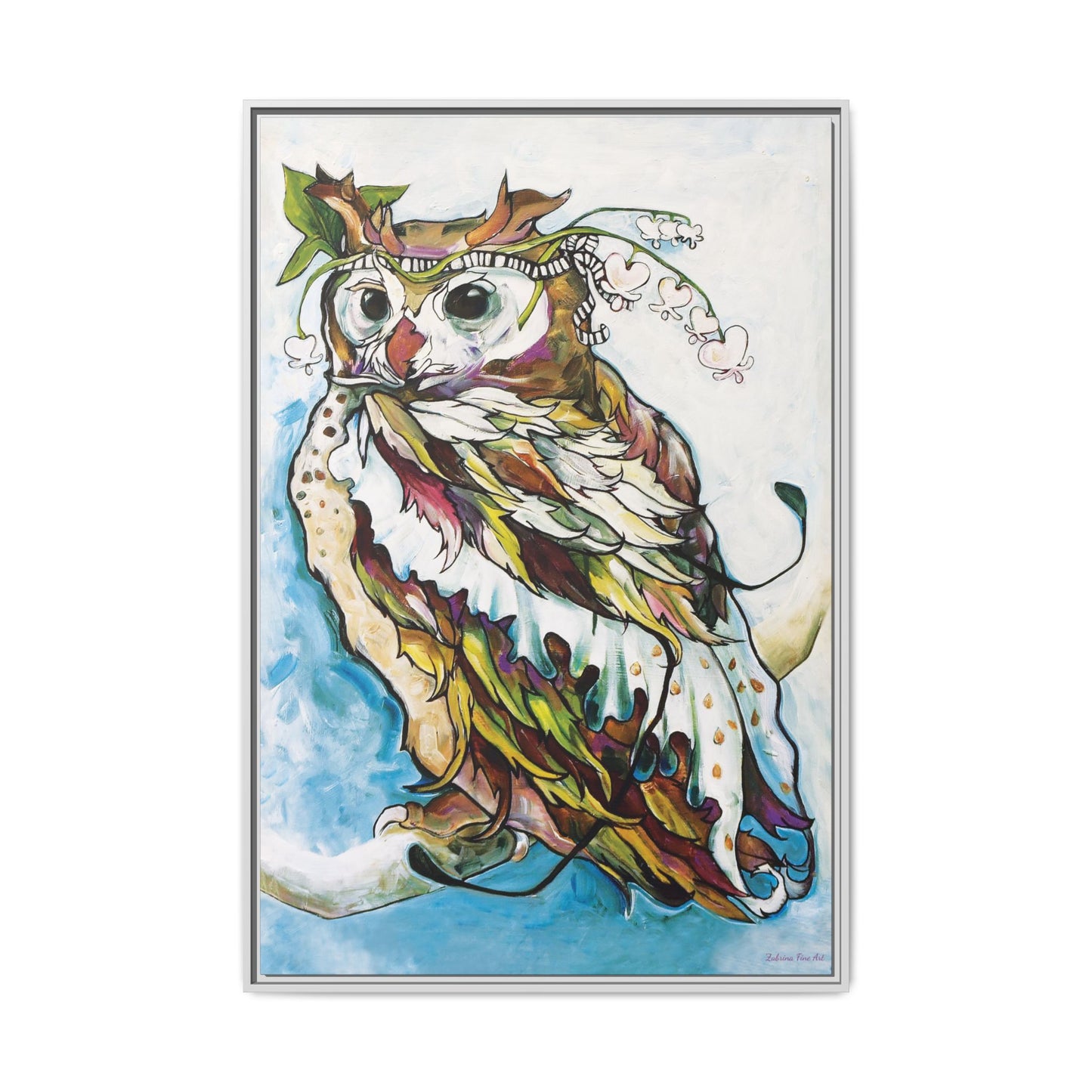 "Owl In Bleeding Hearts Crown" Framed Canvas Fine Art Reproduction by Zabrina Fine Art