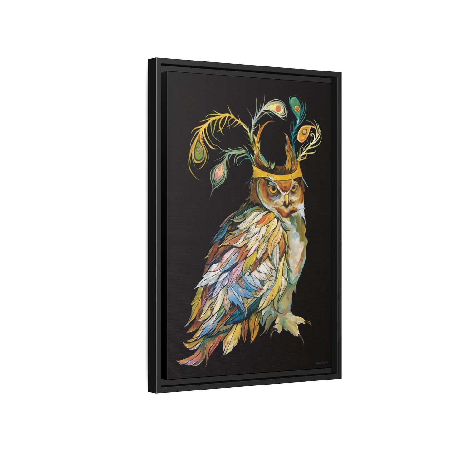 "Owl In A Peacock Crown" Framed Canvas Fine Art Reproduction by Zabrina Fine Art