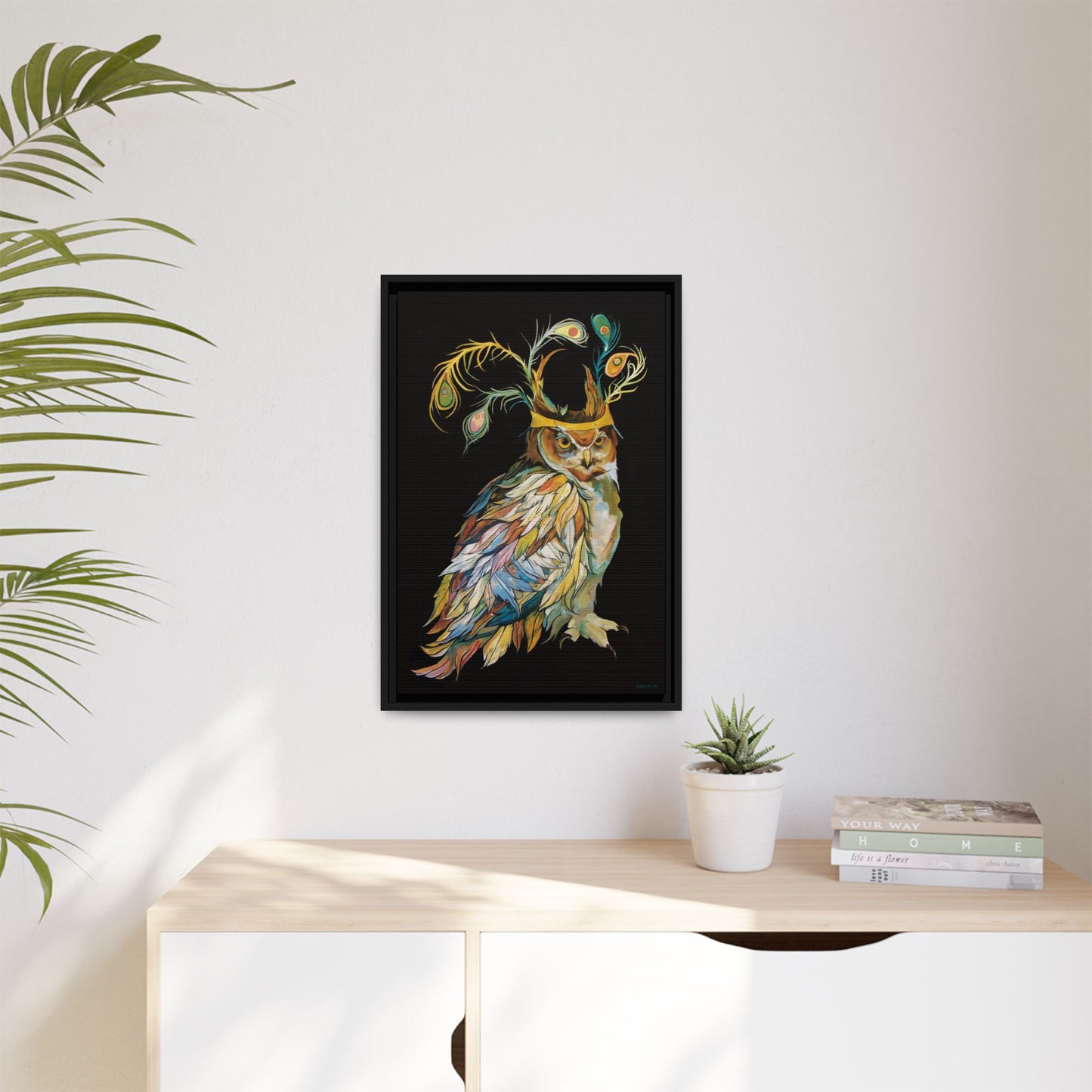 "Owl In A Peacock Crown" Framed Canvas Fine Art Reproduction by Zabrina Fine Art