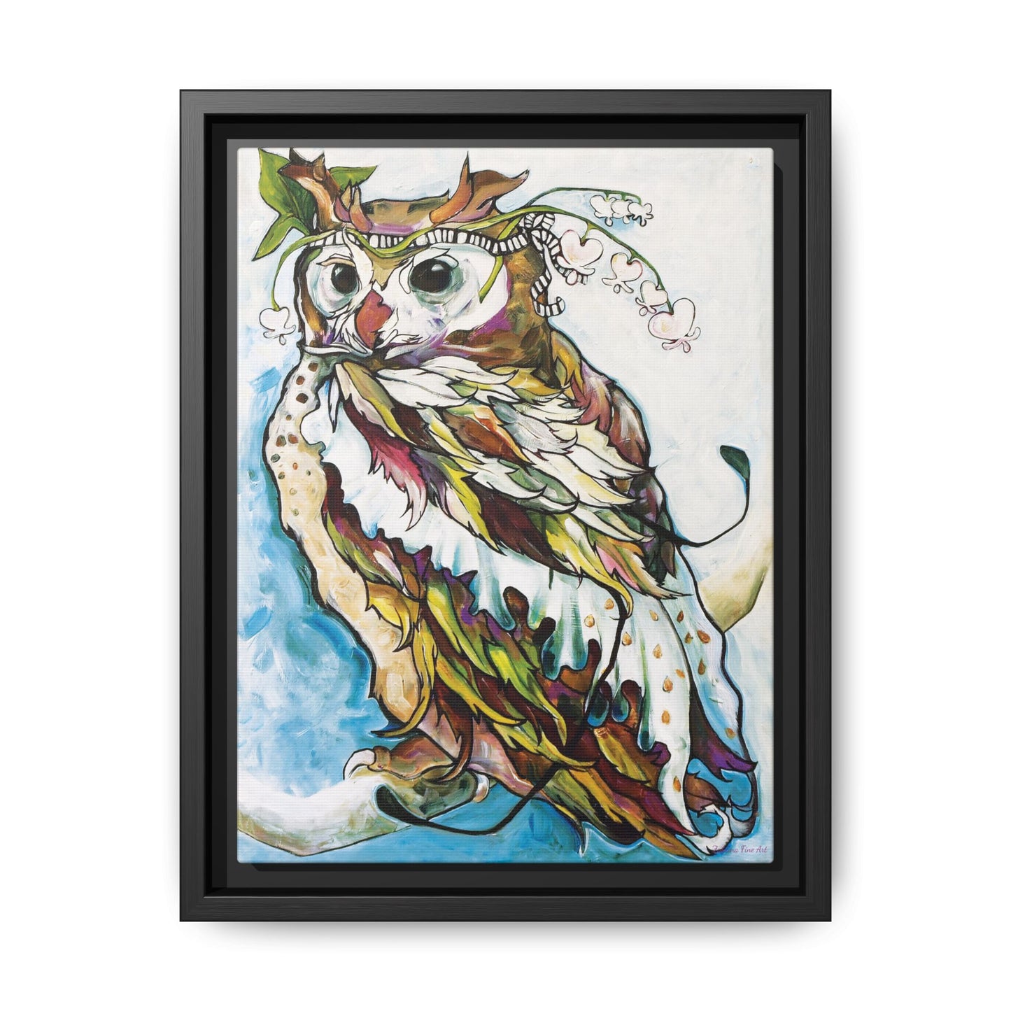 "Owl In Bleeding Hearts Crown" Framed Canvas Fine Art Reproduction by Zabrina Fine Art