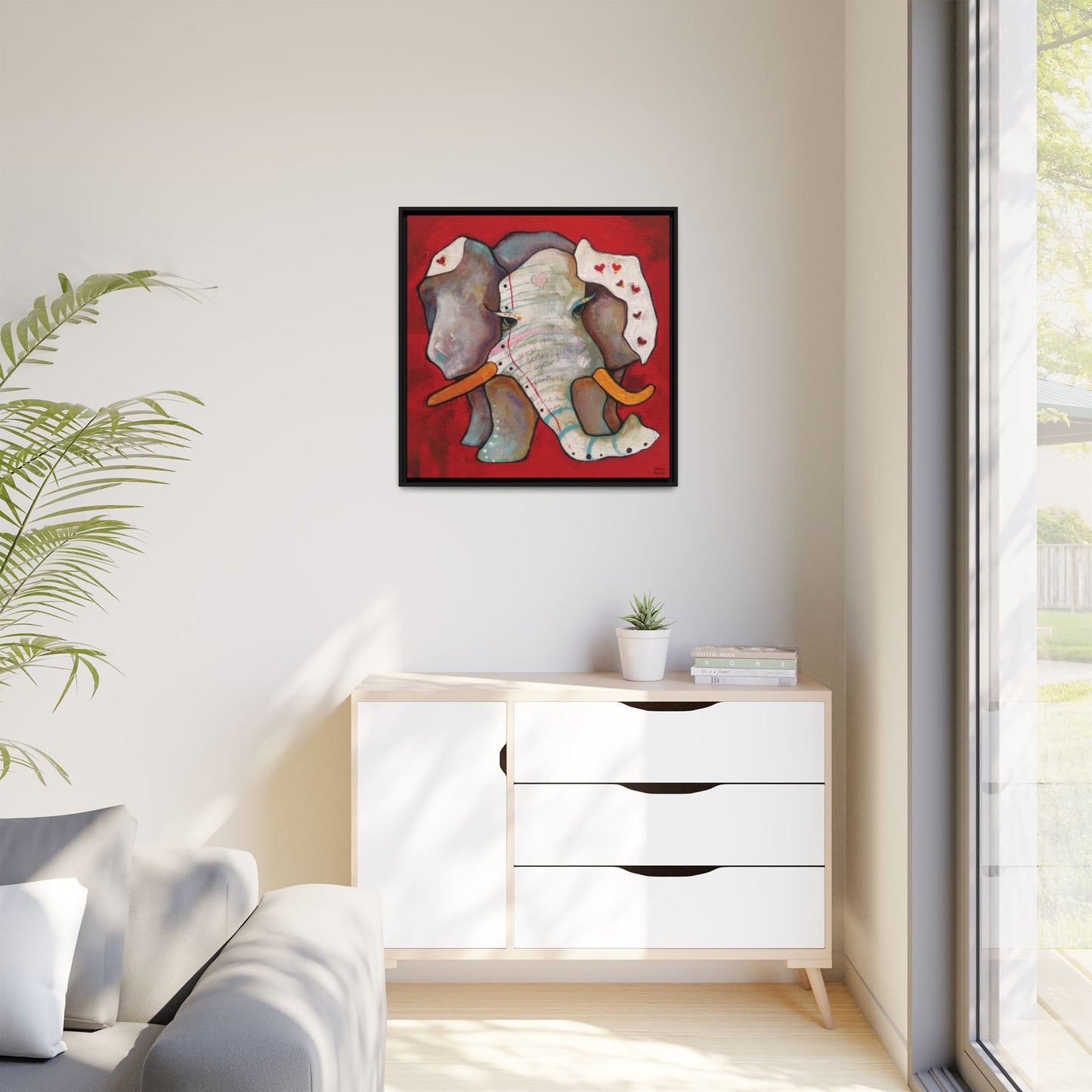 "Red Heart Elephant" Framed Canvas Fine Art Reproduction by Zabrina Fine Art