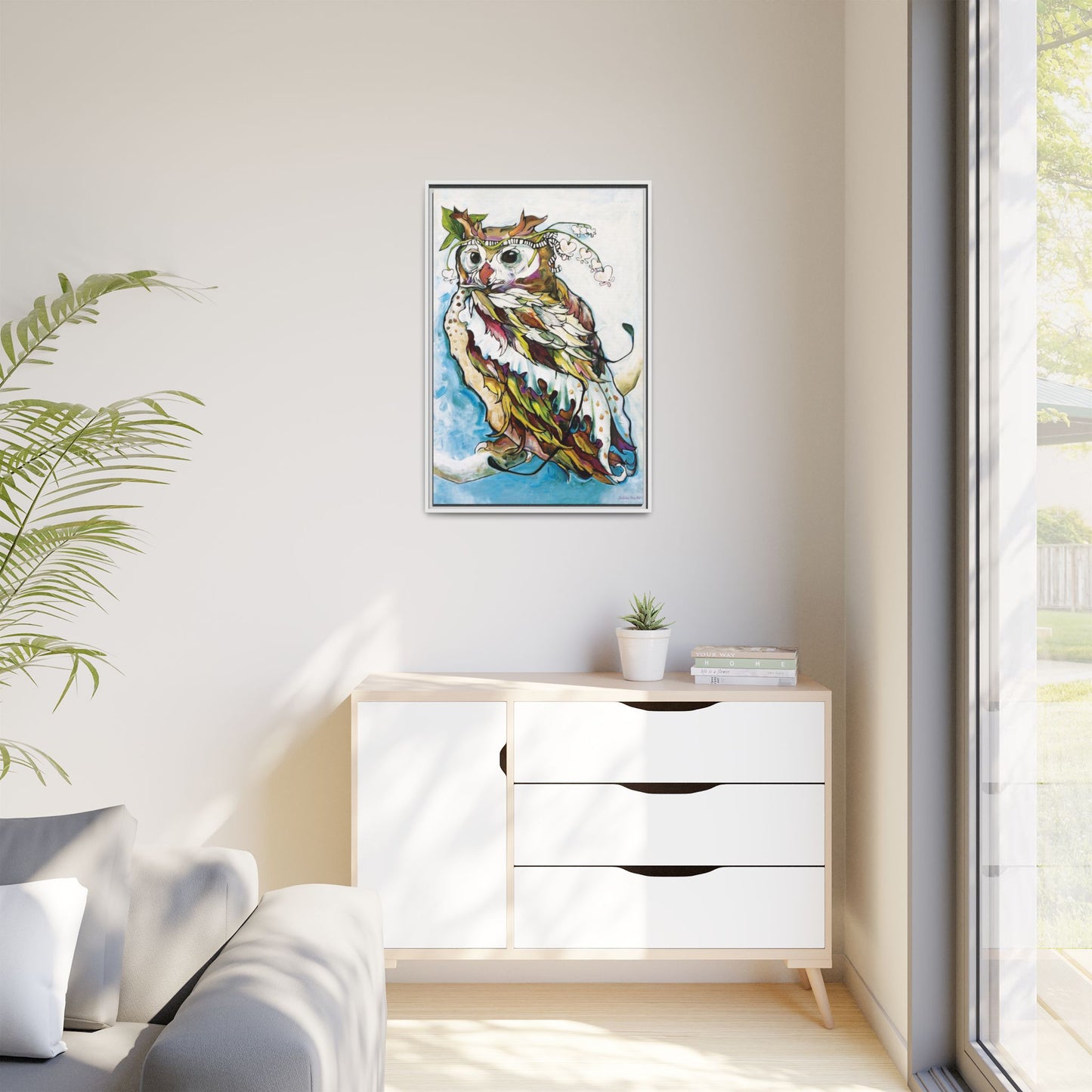 "Owl In Bleeding Hearts Crown" Framed Canvas Fine Art Reproduction by Zabrina Fine Art