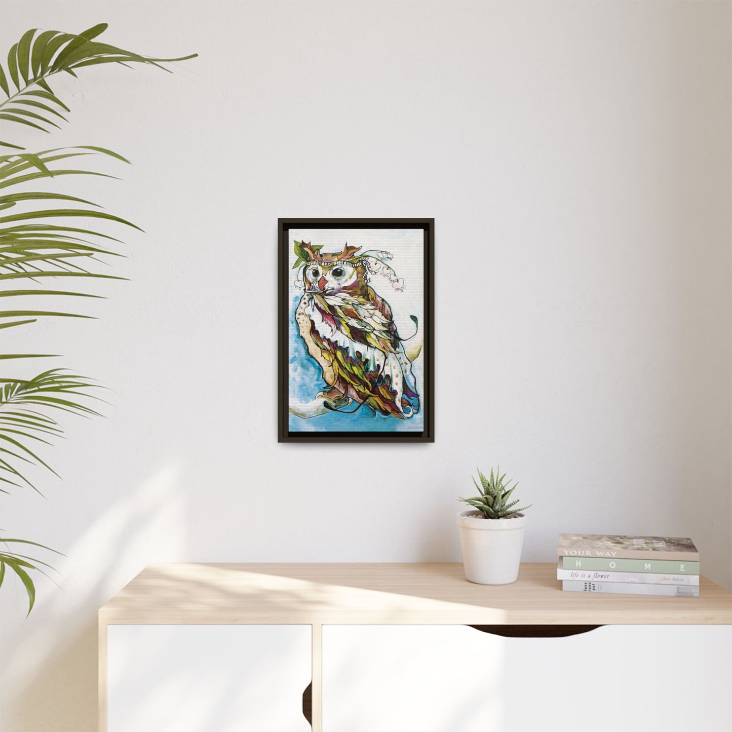 "Owl In Bleeding Hearts Crown" Framed Canvas Fine Art Reproduction by Zabrina Fine Art