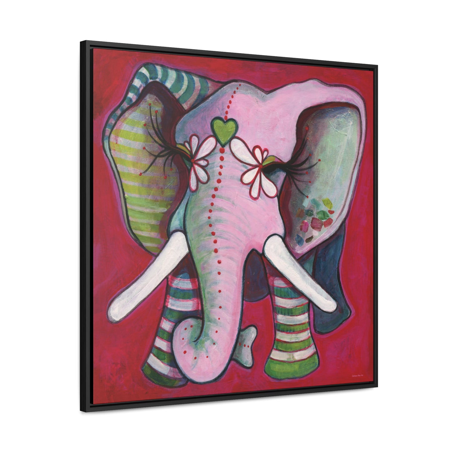 "Green Heart Elephant With Red" Framed Canvas Fine Art Reproduction by Zabrina Fine Art