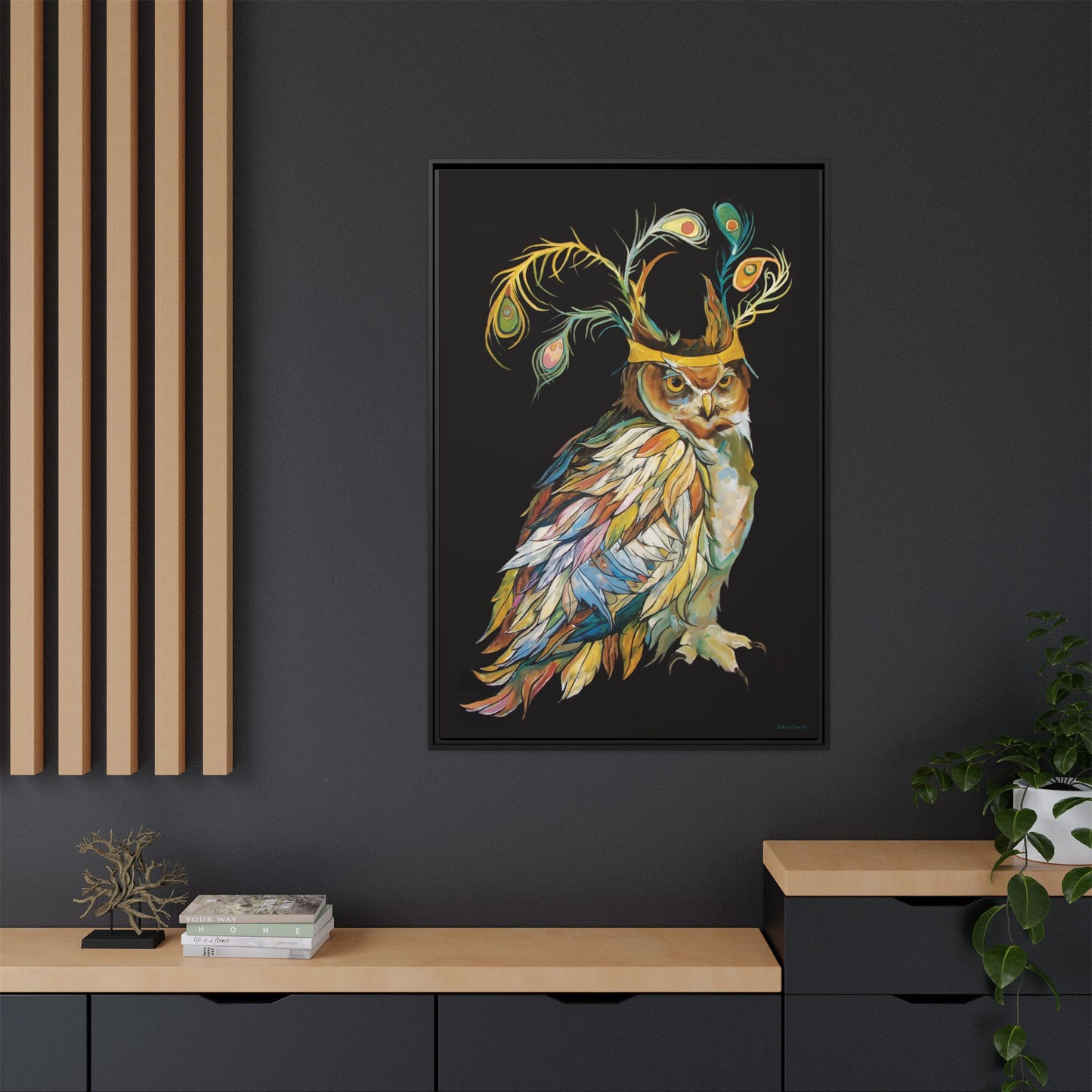"Owl In A Peacock Crown" Framed Canvas Fine Art Reproduction by Zabrina Fine Art