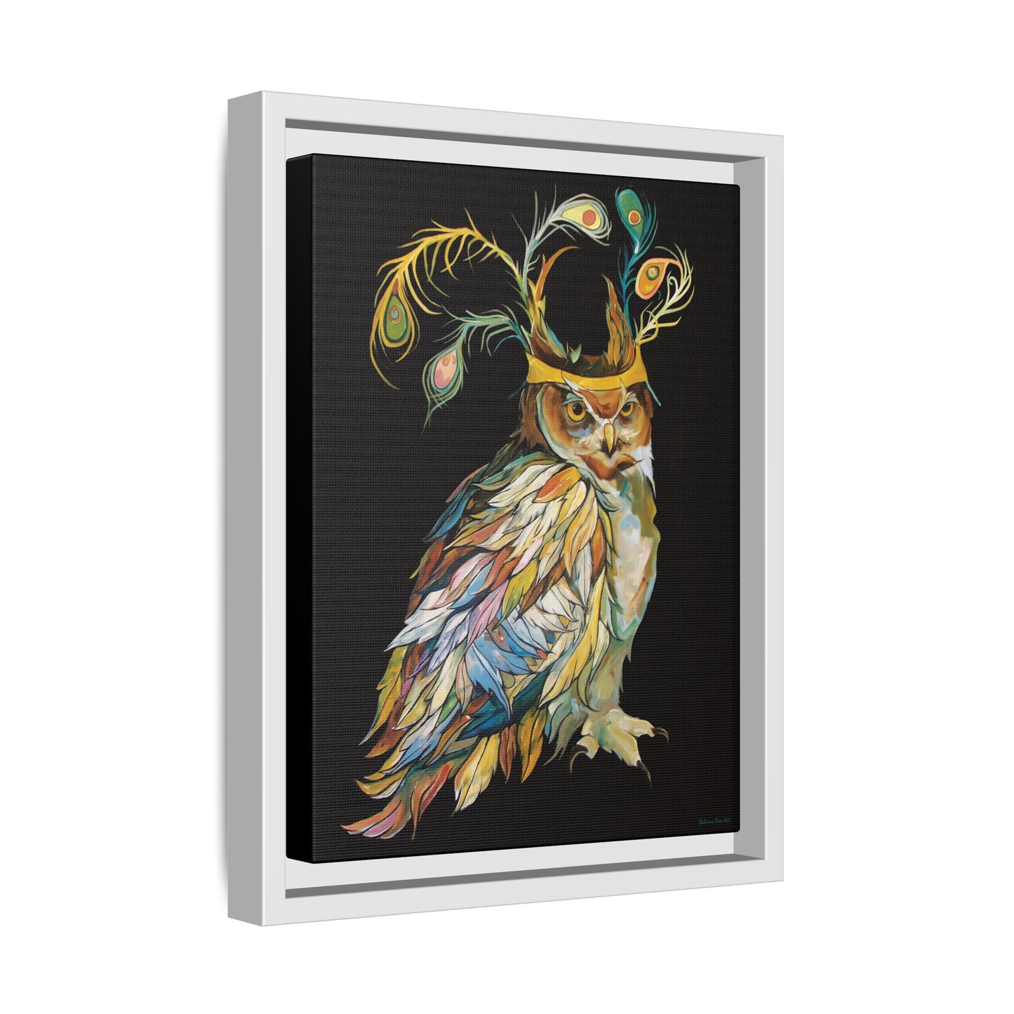 "Owl In A Peacock Crown" Framed Canvas Fine Art Reproduction by Zabrina Fine Art